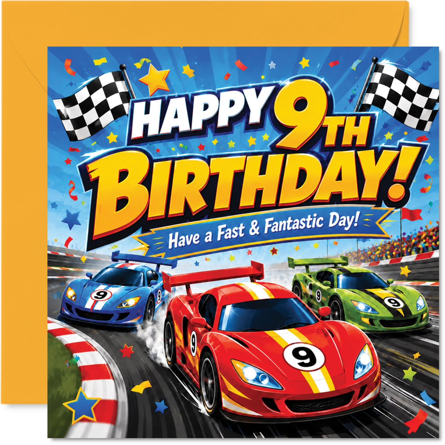 Playful 9th Birthday Card - Fuel Their Need for Speed - Colourful Race Car Action with Confetti and Chequered Flags - 145mm Square, Envelope Included