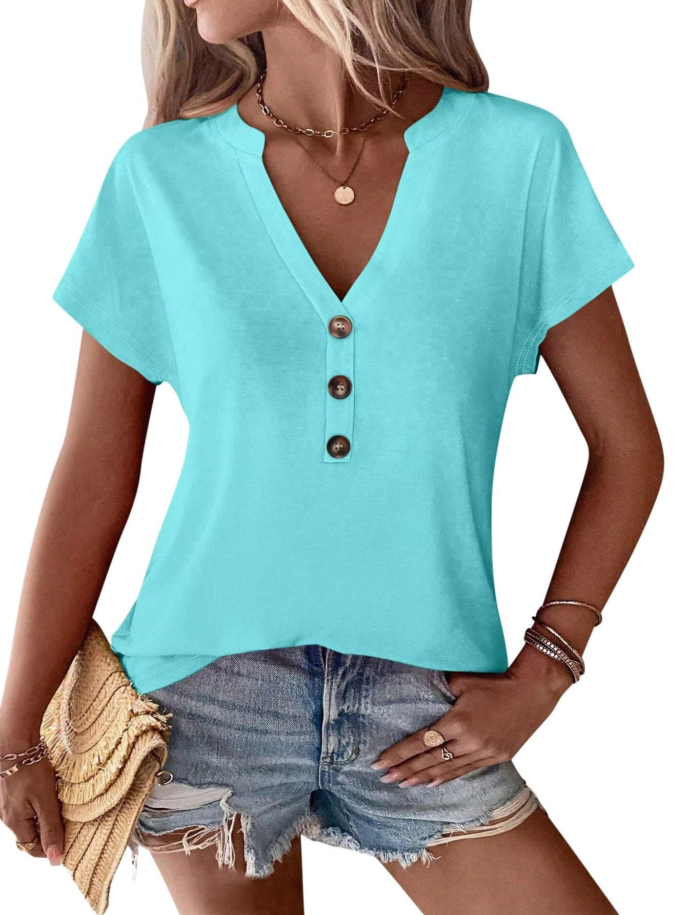 EADINVE Womens Tshirts V Neck Short Sleeve Buttons Tops Batwing Sleeve Tee Summer Color Block Blouse Loose Fit 2024 Shirs