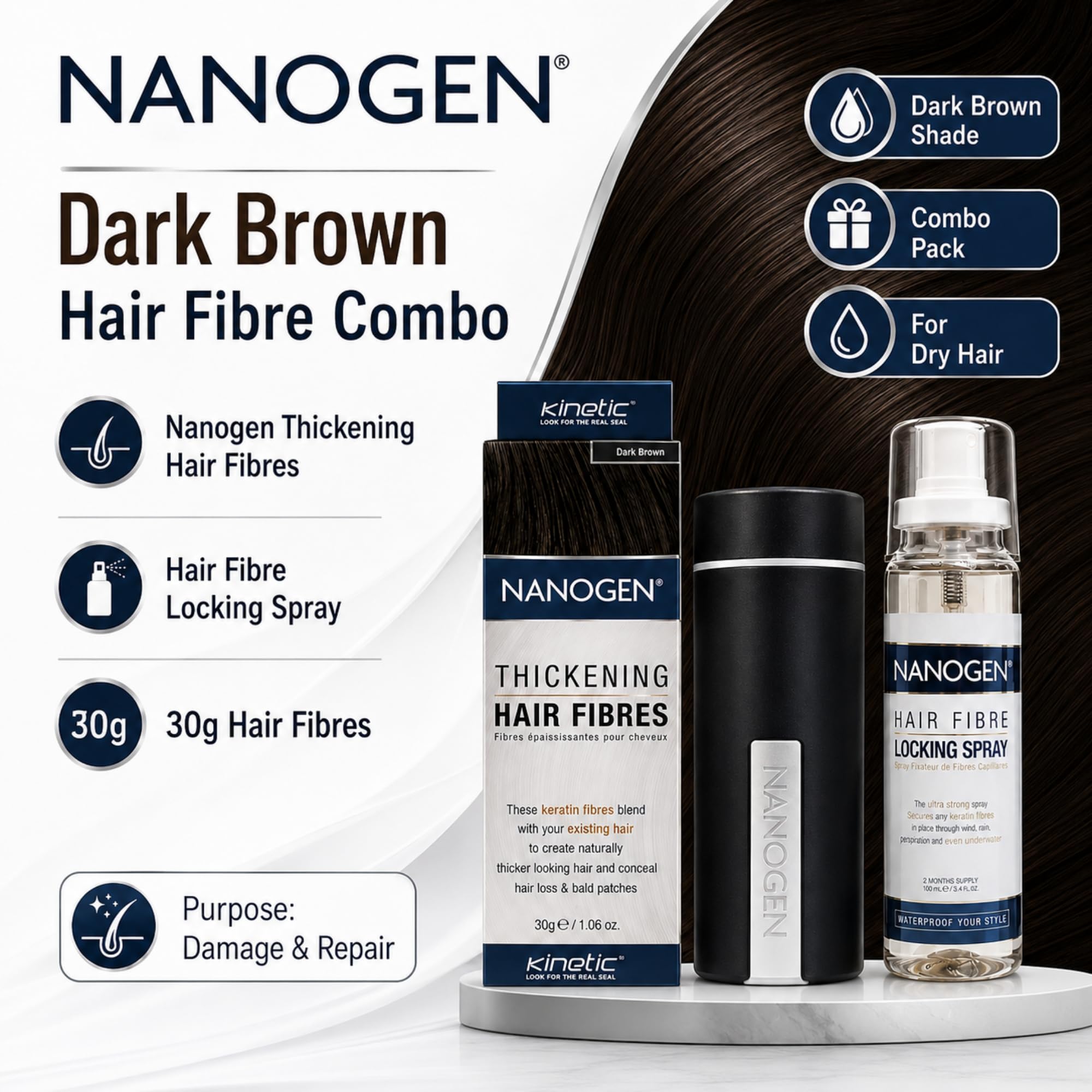Nanogen - Combo of Nanogen Thickening Hair Fibres Dark Brown 30gms with Locking Spray 4