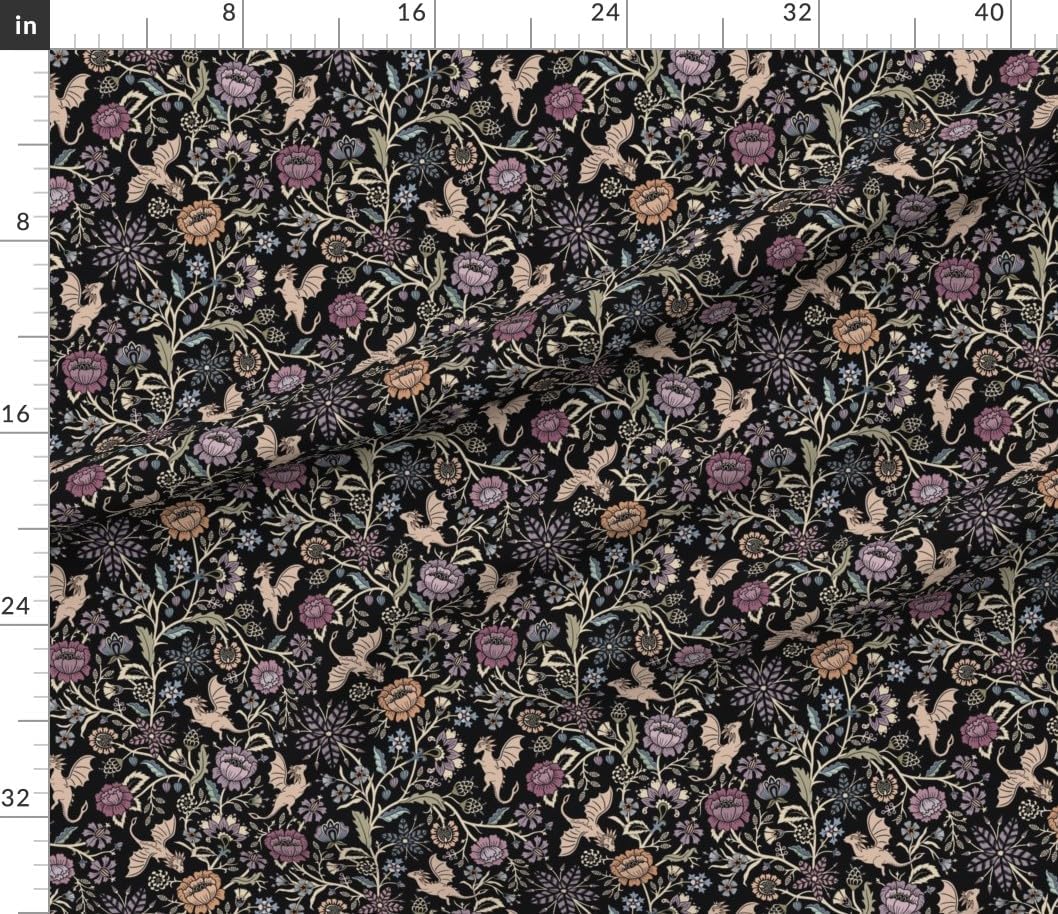 Spoonflower Fabric - Fantasy Floral Fairy Tale Gothic Black Purple Traditional Floral Printed on Petal Cotton Fabric by the Yard - Sewing Quilting Apparel Crafts Decor
