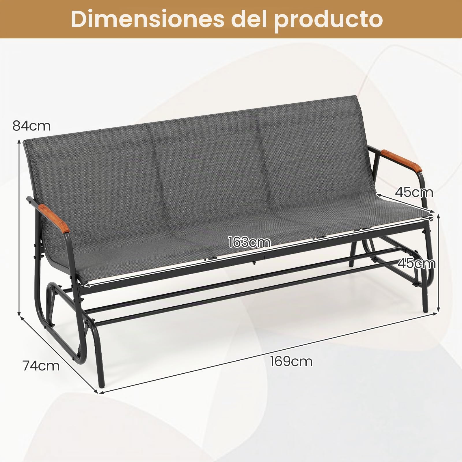KOMFOTTEU Banco Balancín de 2/3 Plazas, Silla Mecedora de Jardín de Tela con Reposabrazos Curvos de Madera Maciza, Banco de Balanceo con Carga 300/450 kg, para Terraza, Exterior (74 x 169 x 84 cm)