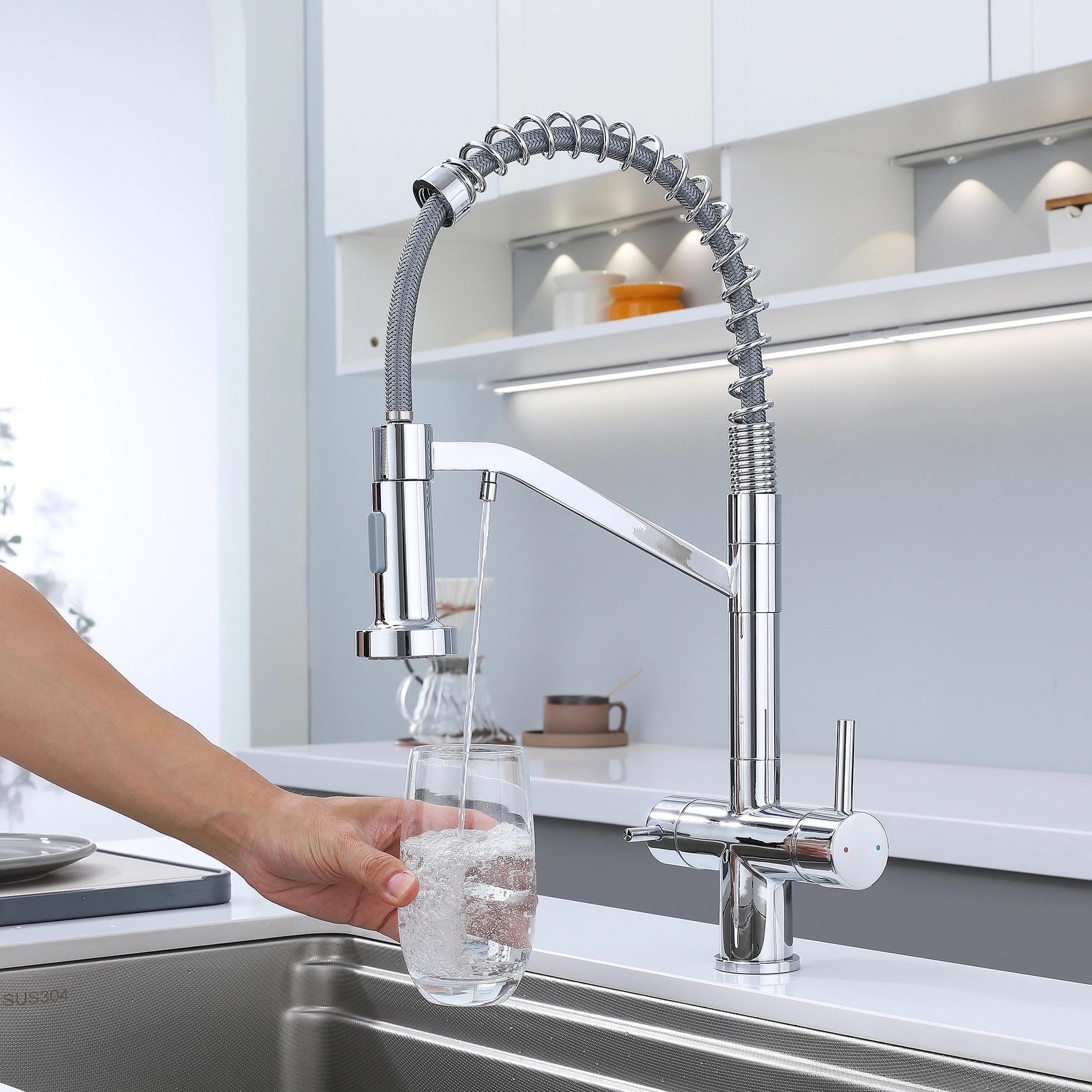 Grifo de Cocina 3 Vías para Ósmosis, Flexible, Latón Cromado | Agua fría, caliente y filtrada por conductos y salidas separadas, con rociador de 2 modos para limpiar con mayor alcance