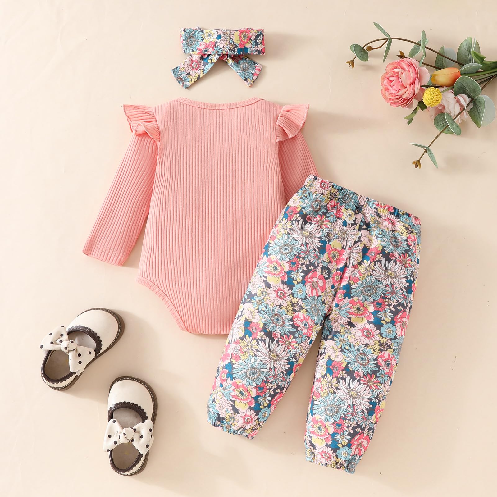 Vetement Bebe Fille Nouveau-né Barboteuse à Volants Manche Longue + Floral Pantalon + Bandeau+ Chapeau Ensemble Tenues d'automne 0-18 Mois
