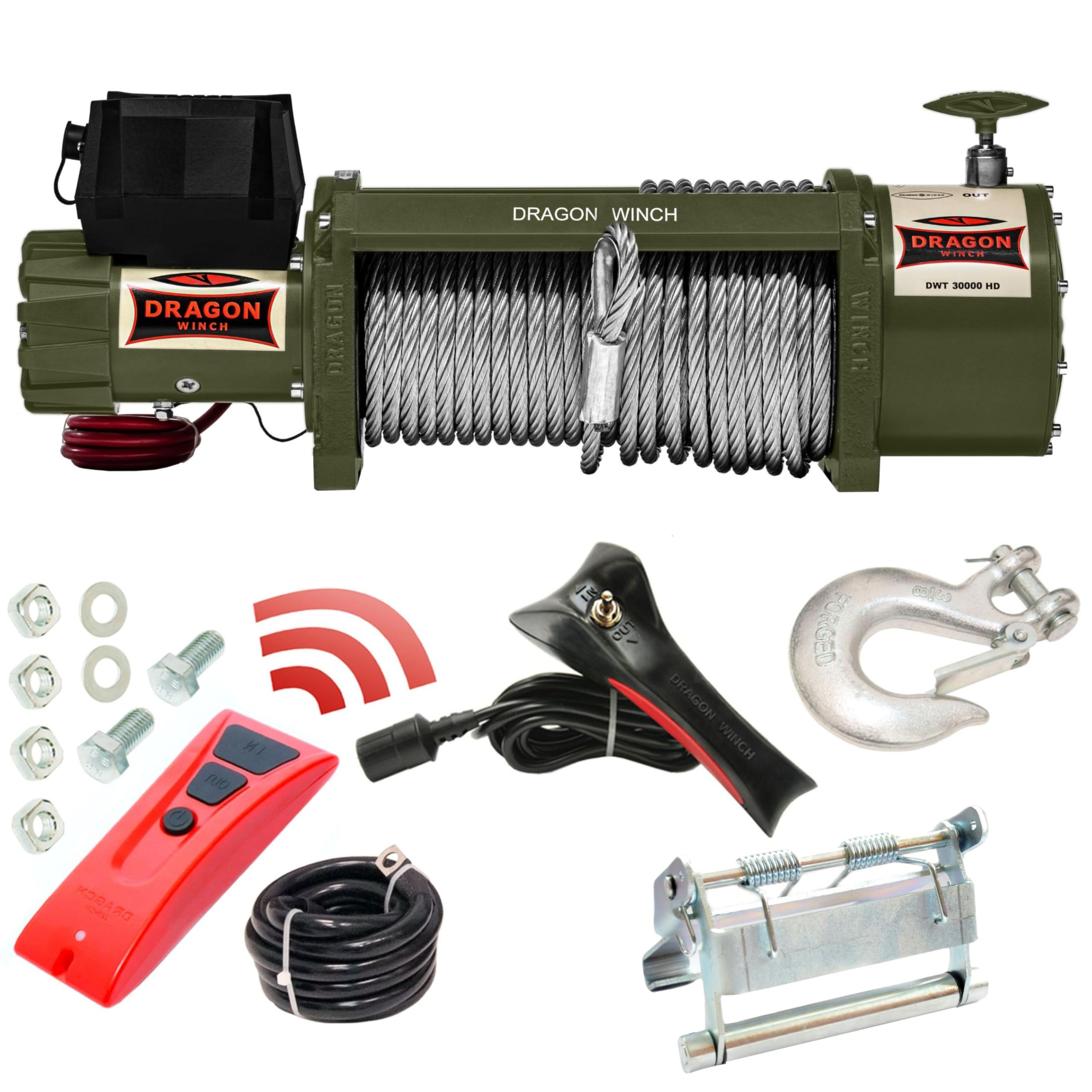 Dragon Winch Cabrestante eléctrico 30000 lbs / 13605 kg con Cuerda de acero 30m para camiones, vehículos comerciales, bomberos | con control remoto inalámbrico | El cabrestante más potente