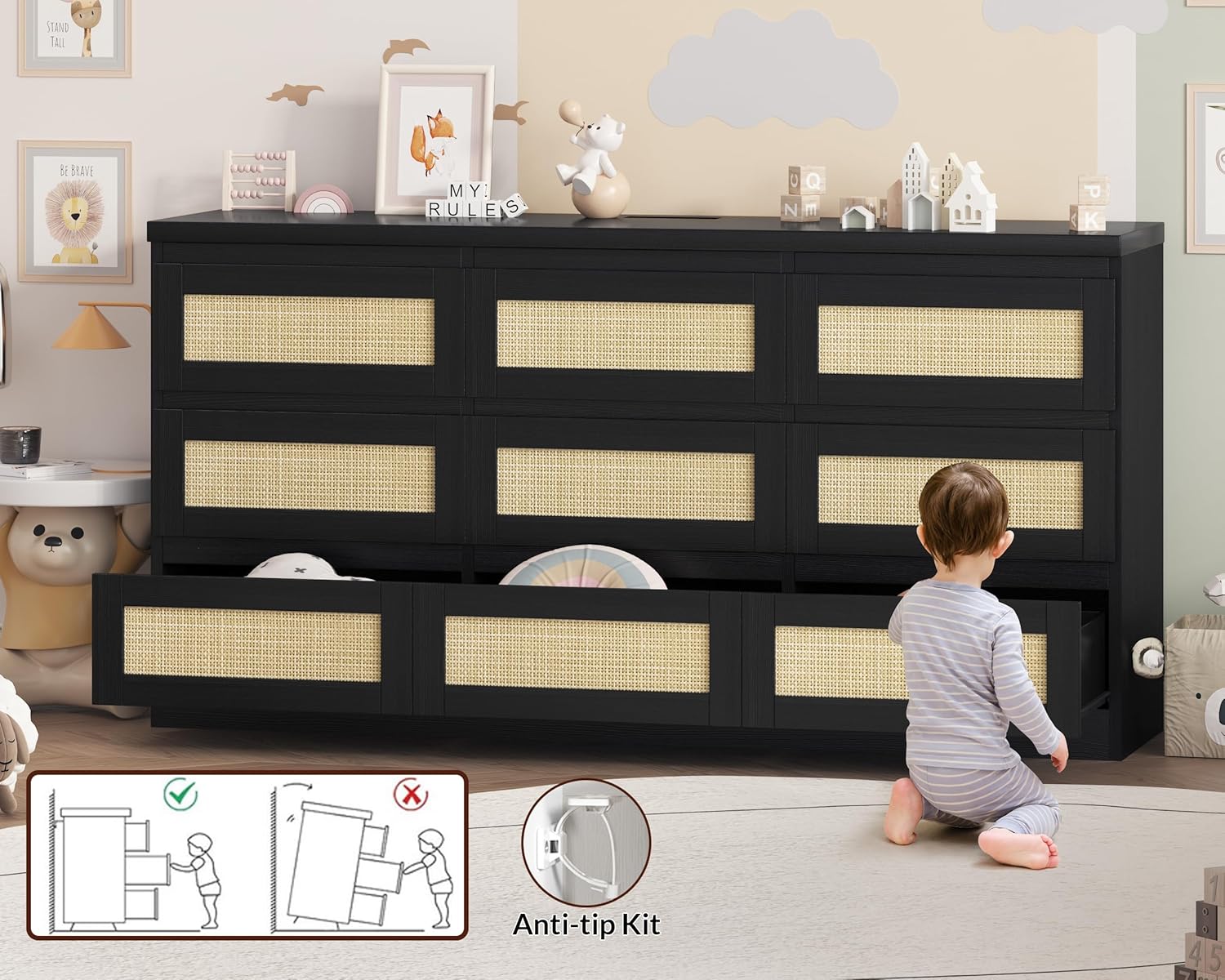 GarveeHome Rattan 9 Drawer Dresser with Charging Station, Farmhouse Chest of Drawers, Wide Closet Dresser Storage Organizer for Bedroom, Living Room, Entryway, Black