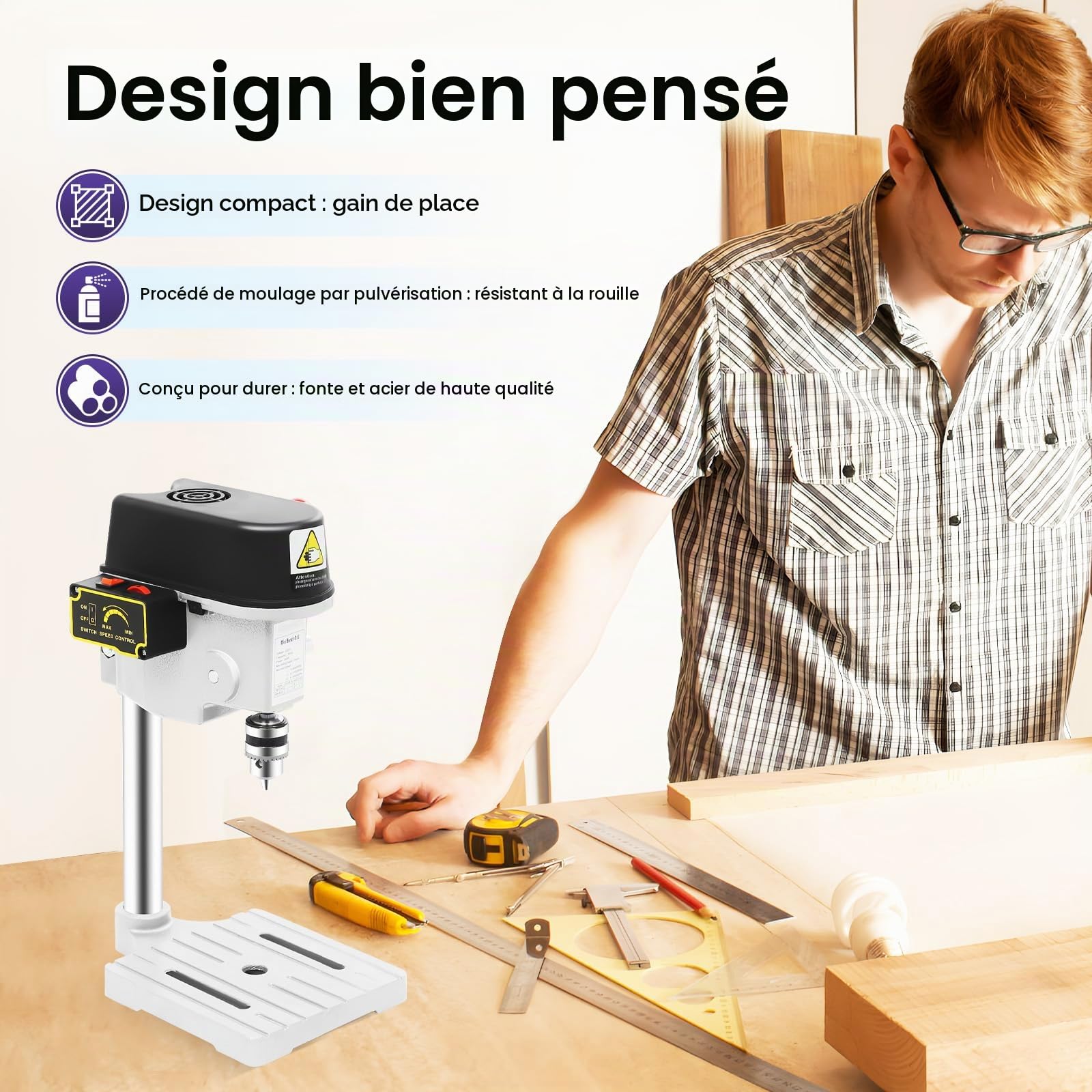 Perceuse de table professionnelle, 340 W, 3 vitesses, perceuse à colonne, bois, métal, plastique, 17 x 17 x 38 cm
