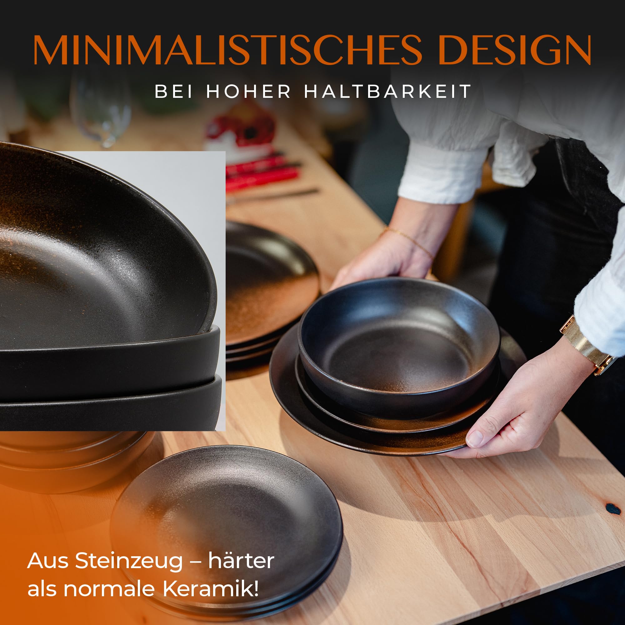12-teiliges Geschirr-Set aus Steinzeug – Prairie Linie-edles Design im braun/schwarz Farbton, Service bestehend aus 4 Speisetellern, 4 Desserttellern und 4 tiefen Tellern/Premium Kollektion