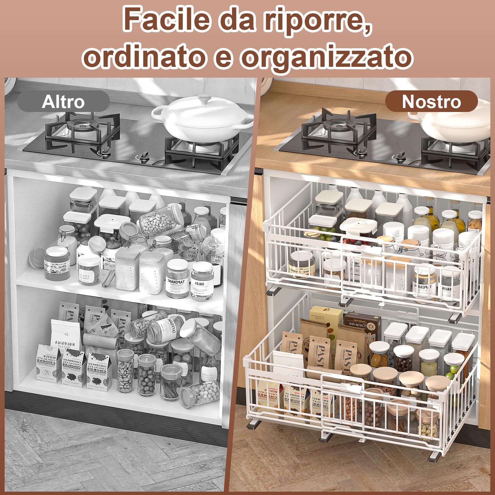 2 Pezzi Cassetto Telescopico Cucina, Armadio da Cucina Cassetto Scorrevole Estensibile Estraibile,Larghezza Regolabile 32.5-50 cm Per Cucina Bagno Soggiorno Bianco