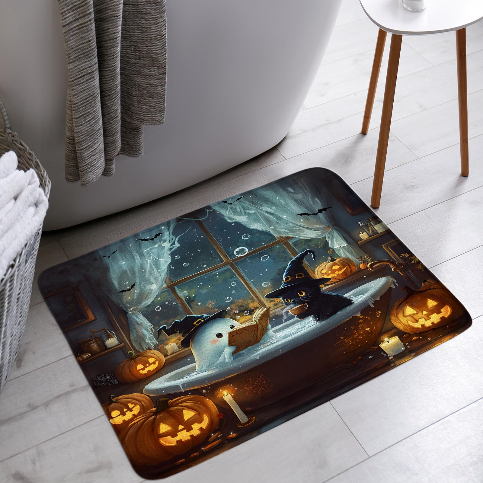 AYDSMYD Spooky Halloween Bath Mat Funny Ghost Black Cat Bathtub Bat Pumpkin Holiday Ambience Trick or Treat Bathroom Bathtub Floor Rugs Doormat Toilet