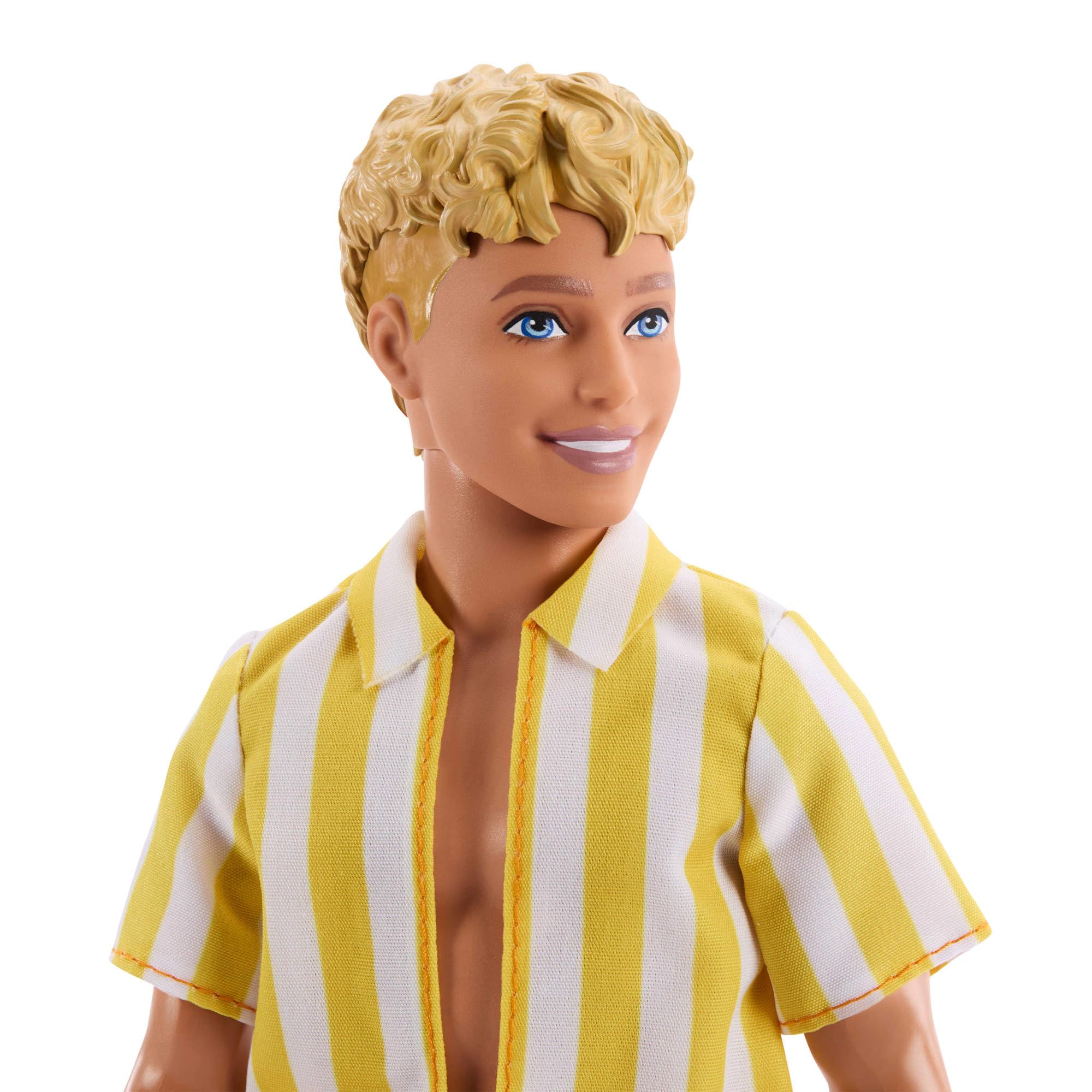 Barbie Ken Fashionistas Lalka modowa #252, blond włosy, pomarańczowe szorty w kropki, żółta koszulka w białe paski i pomarańczowe klapki, zabawka dla dzieci 3+, JJN66