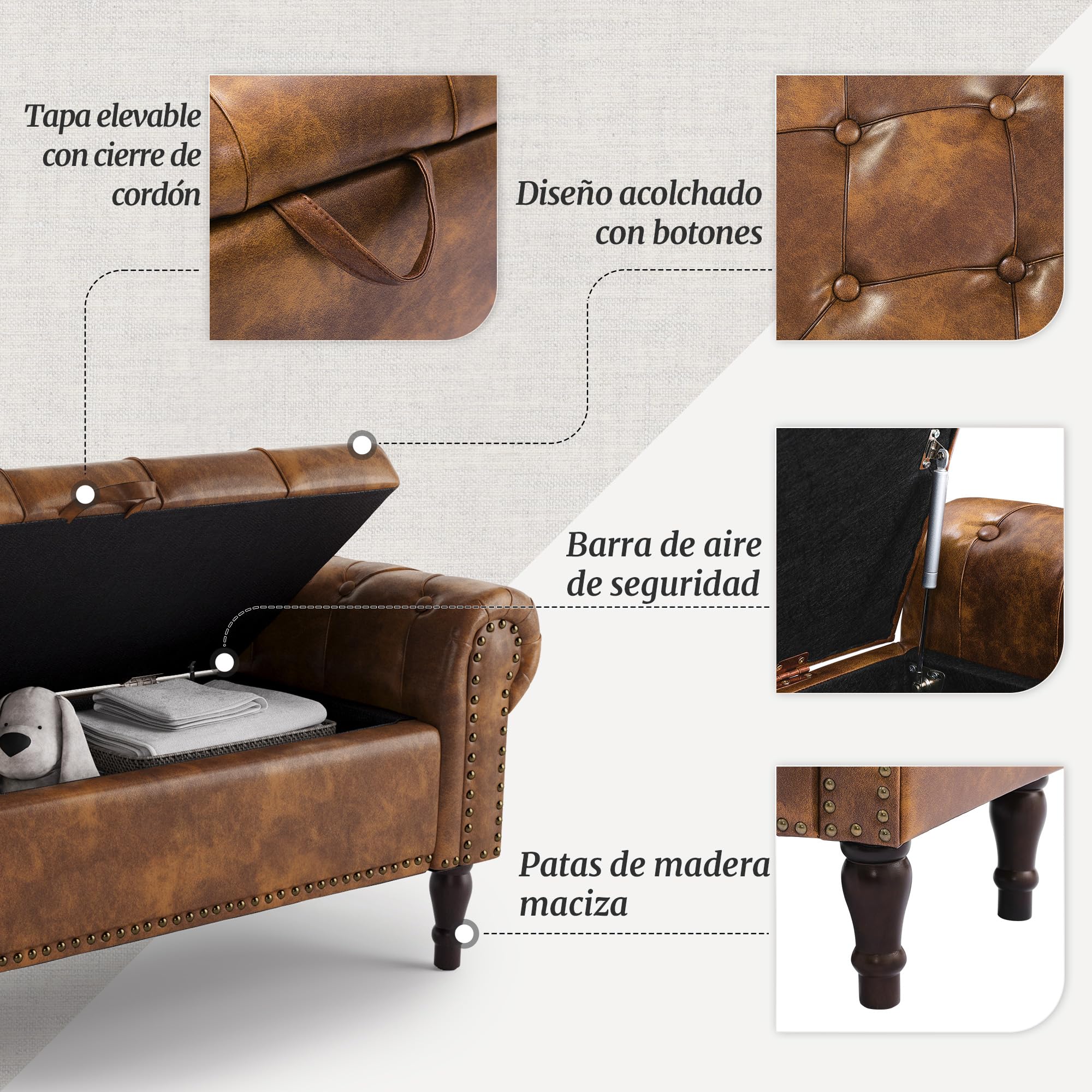 LUE BONA 130cm Banco de Almacenamiento,Banco Descalzadora Almacenaje Otomana PU con Tapa de Bisagras, Patas Madera y Reposabrazos Enrollados,para Dormitorio Entrada Pasillo,130 X 43 X 50 cm,Marrón