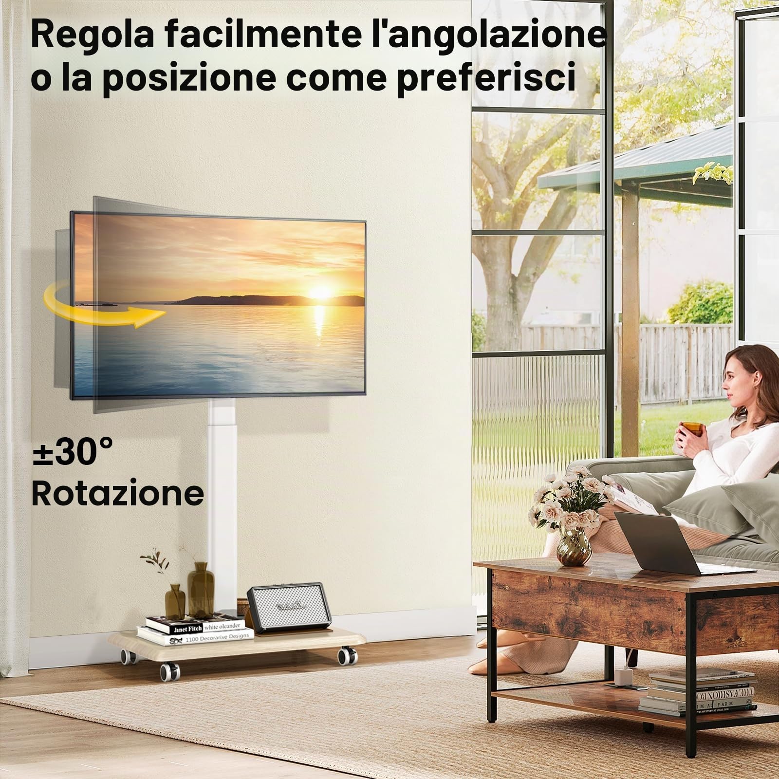 TVON Supporto TV da Pavimento Per TV da 32-65 Pollici LCD/LED/Plasma, Regolabile in Altezza Porta TV con Ruote Girevole Porta TV da Terra Fino a 40kg, Max.VESA 400x400mm, Bianco