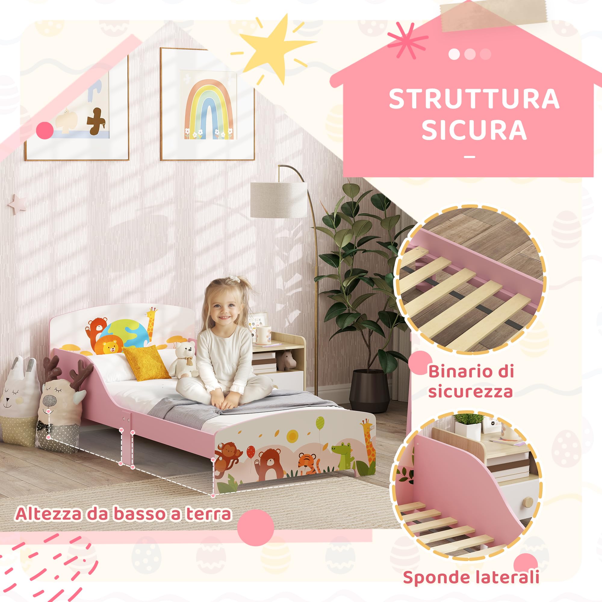 AIYAPLAY Lettino per Bambini 3+ Anni con Bordi Rialzati e Sponde di Sicurezza, Letto Bambini in Legno, 143x77x60 cm, Rosa