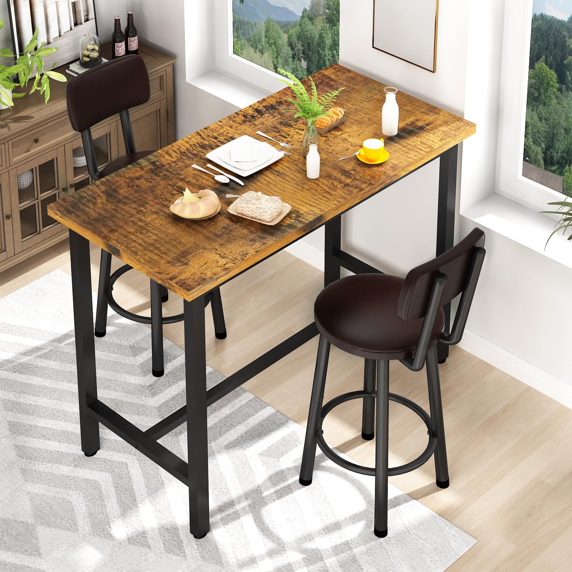 Recaceik 3-Piece Bar Table Set For 2 - Counter Height Dining Table & Chairs With Storage, For Kitchen & Small Spaces