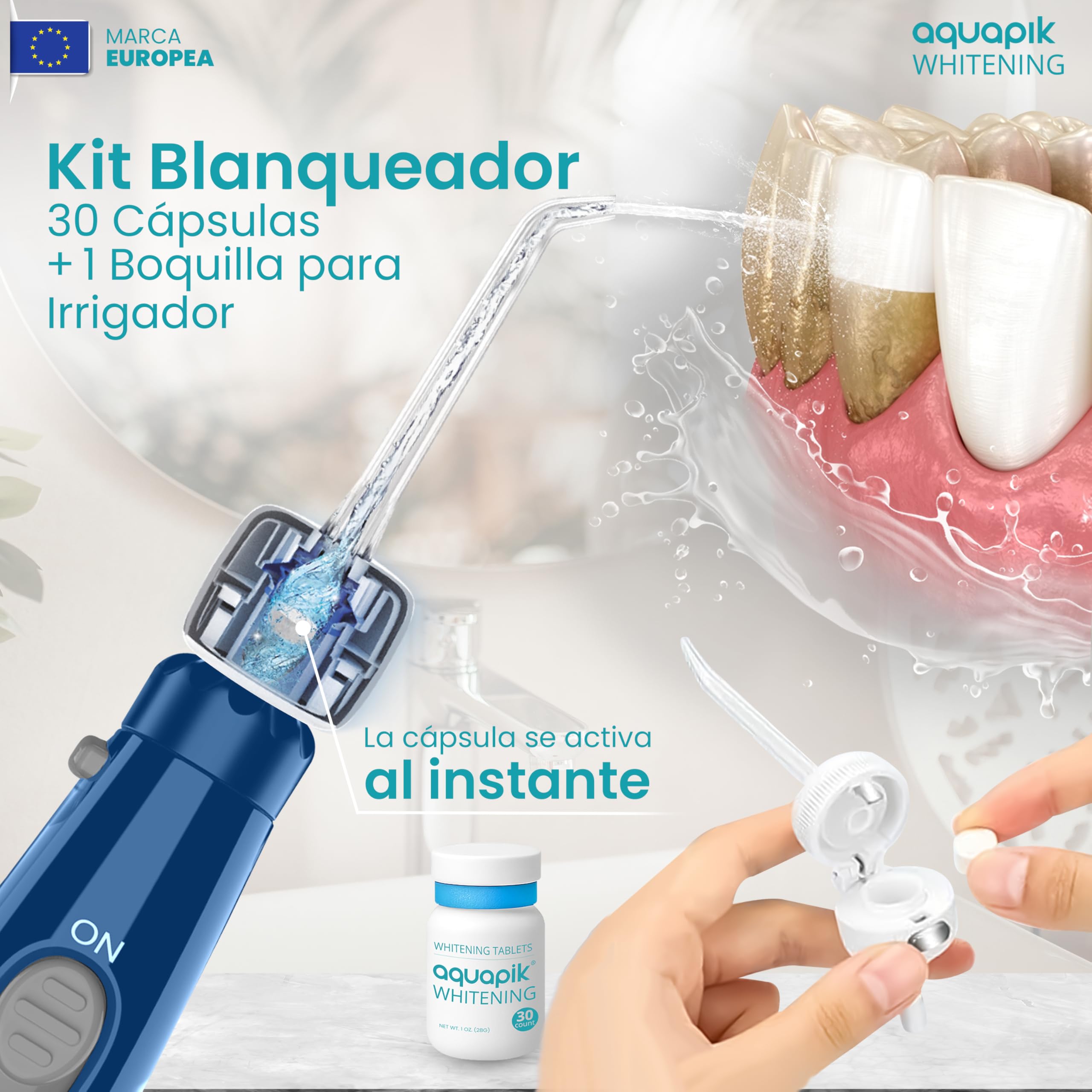 Aquapik ADVANCED Hydropulsator do zębów | Idealny do ortodoncji, implantów, wrażliwych dziąseł i płytki nazębnej | Zestaw wybielający + 8 dysz (nosa) | 10 poziomów ciśnienia | Zalecany przez dentystów