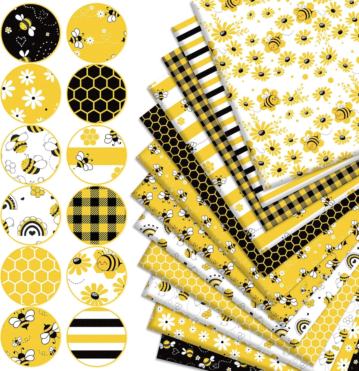 JarThenaAMCS 12 Pcs Summer Cotton Fabric Bundles Bee Honeycomb Daisy Plaid Fat Quarters Yellow Black Sewing Fabrics for DIY Crafts Party Decor
