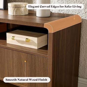 AMERLIFE 70 Modern TV Stand for TVs Up to 80, Wood TV Console with Curved Profile Design & 2 Storage Cabinets, Media Console Entertainment Center for Living Room, Brown