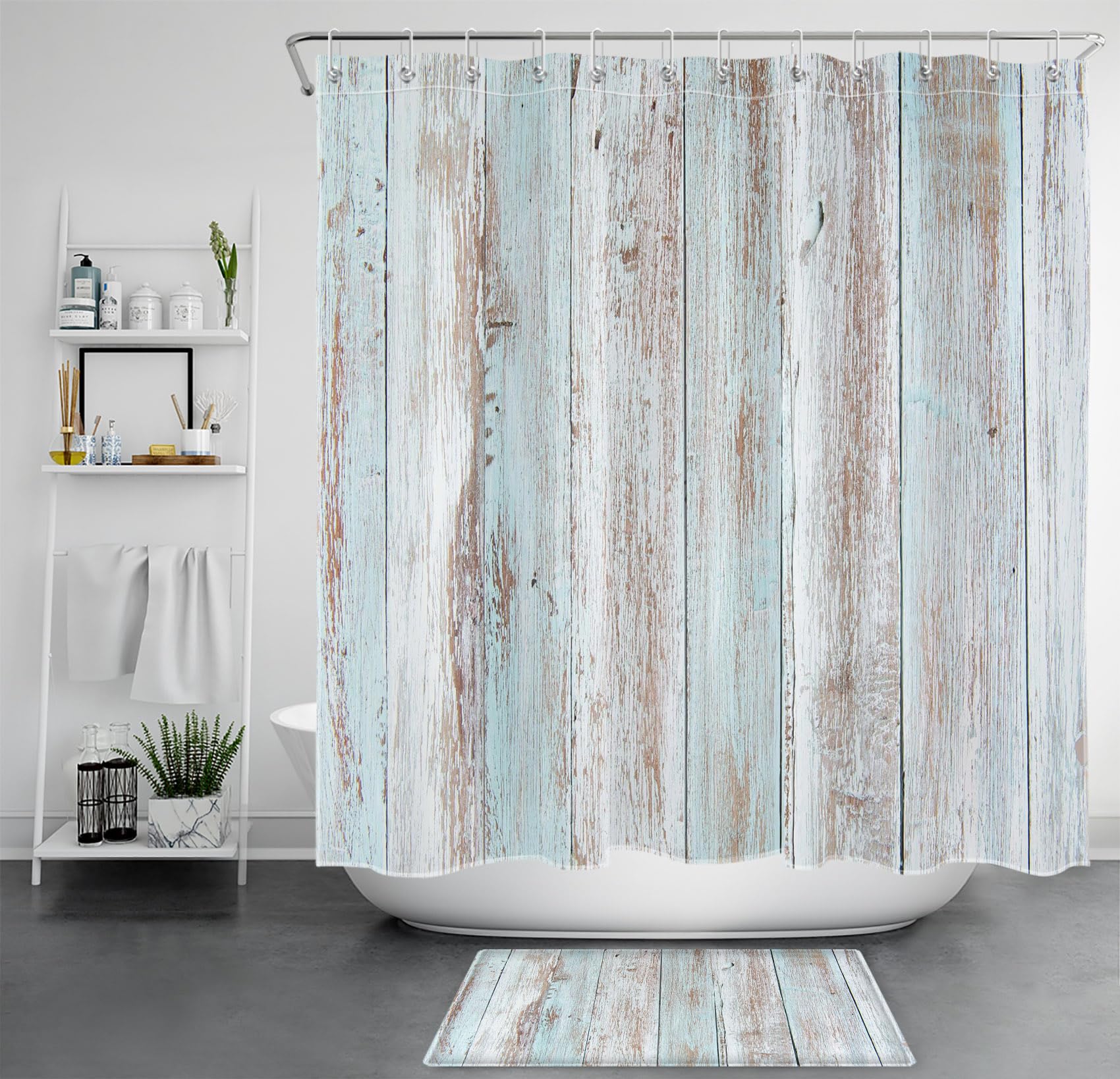 EOBTAIN Vintage Wood Barn Shower Curtain Set Old Teal and Grey Vertical Wooden Plank Bathroom Curtains Shower Set Rustic Farmhouse Bathroom Sets with