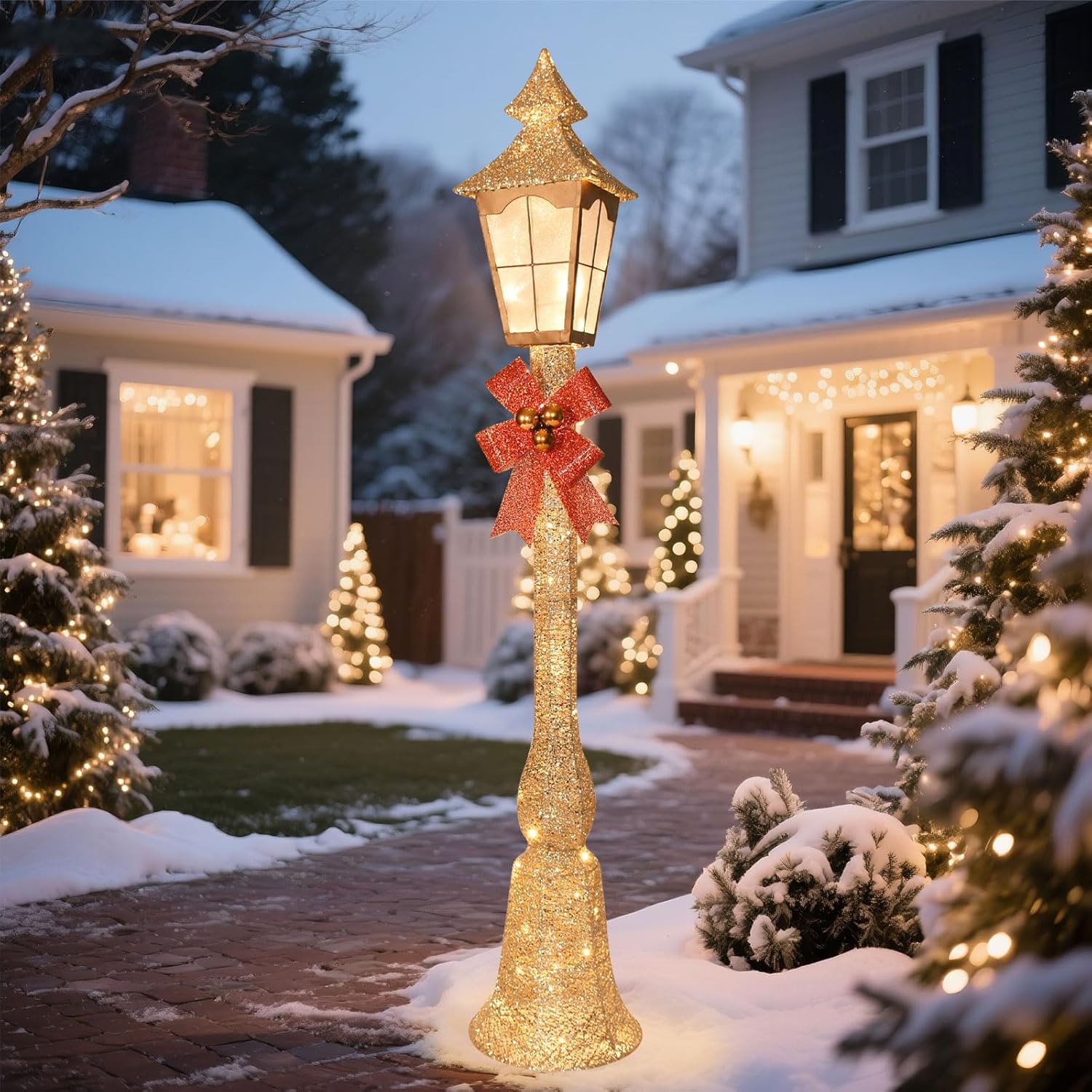hoyechi 5.2ft christmas decorations outdoor street lamp, lighted streetlight with 55 lights, waterproof yard lawn porch patio pathway, xmas holiday garden decor - gold