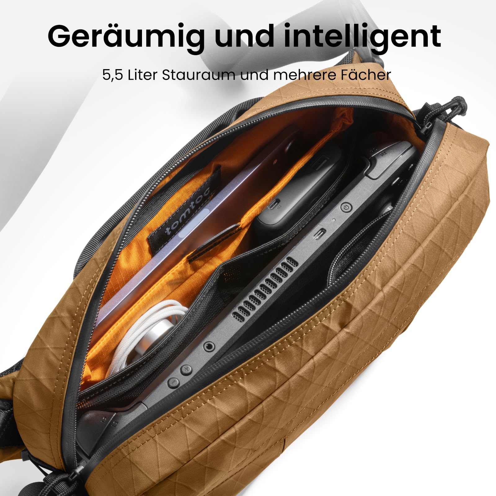 tomtoc X-Pac Nylon Sling Bag 5,5L Für Herren, Robuste EDC Umhängetasche | Passend Für ROG Xbox Ally (X), Switch 2 2025, Steam Deck, iPad Mini Und Zubehör, Crossbody Tasche Für Alltag, Wandern, Reise