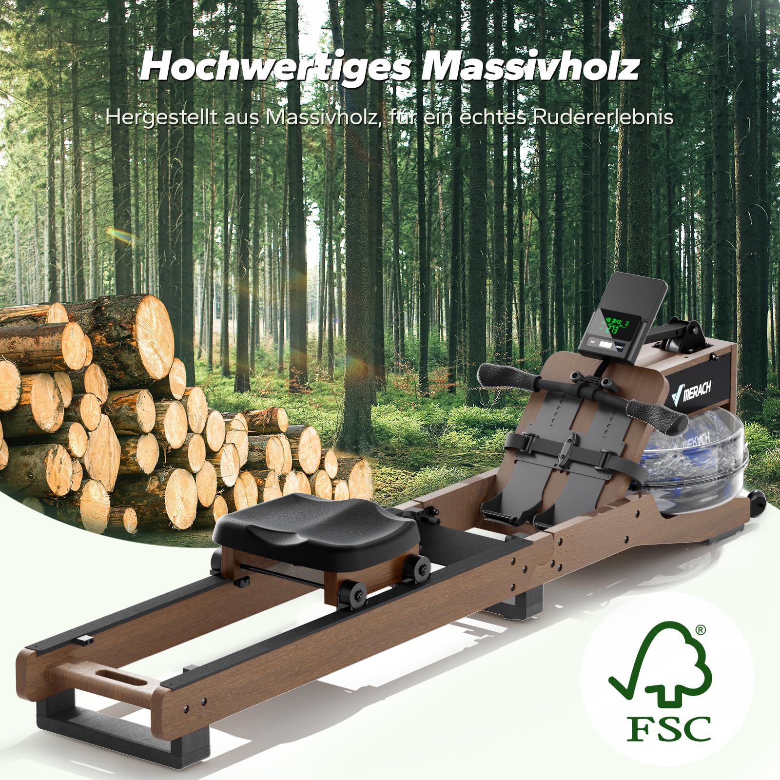 MERACH Rudergerät Holz, Wasserrudergerät Klappbar aus Gummibaumholz, ausgestattet mit hintergrundbeleuchtetem Display und bequemem Sitz, simuliert echtes Rudern (R23 Gummibaumholz)