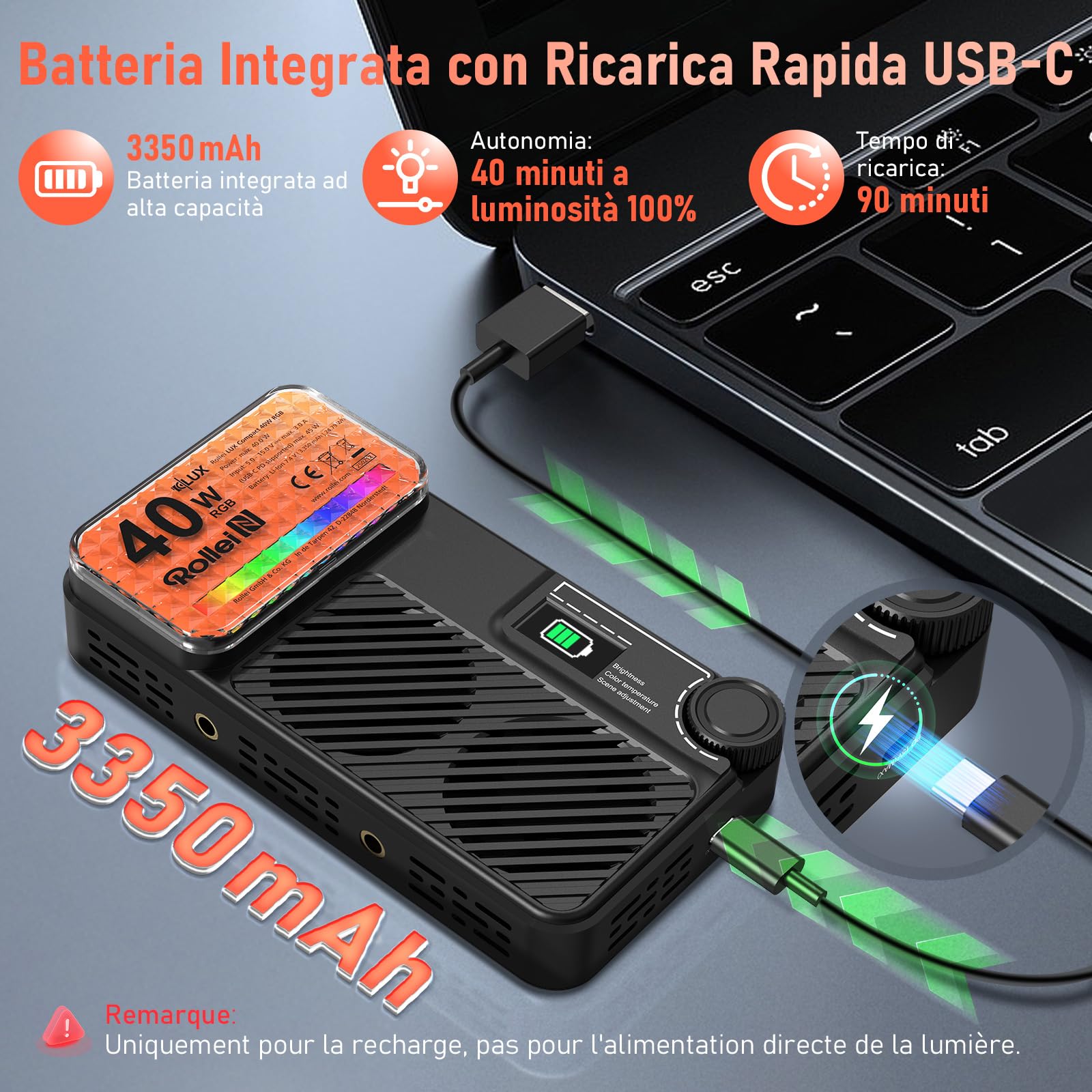 Rollei LUX Compact 40W RGB Faretto Fotografia, Luce Macchina Fotografica Portatile 282 g con Batteria Integrata Ricarica di Tipo C Controllo delle App Candela, Luci-Fotografia-Faretto-Video-Fotocamera