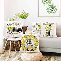 Vista 7 de Hexagram Lemon Farmhouse - Juego de 4 fundas de almohada de verano de 16 x 16 pulgadas, fundas de almohada de lino a cuadros de búfflao, diseño