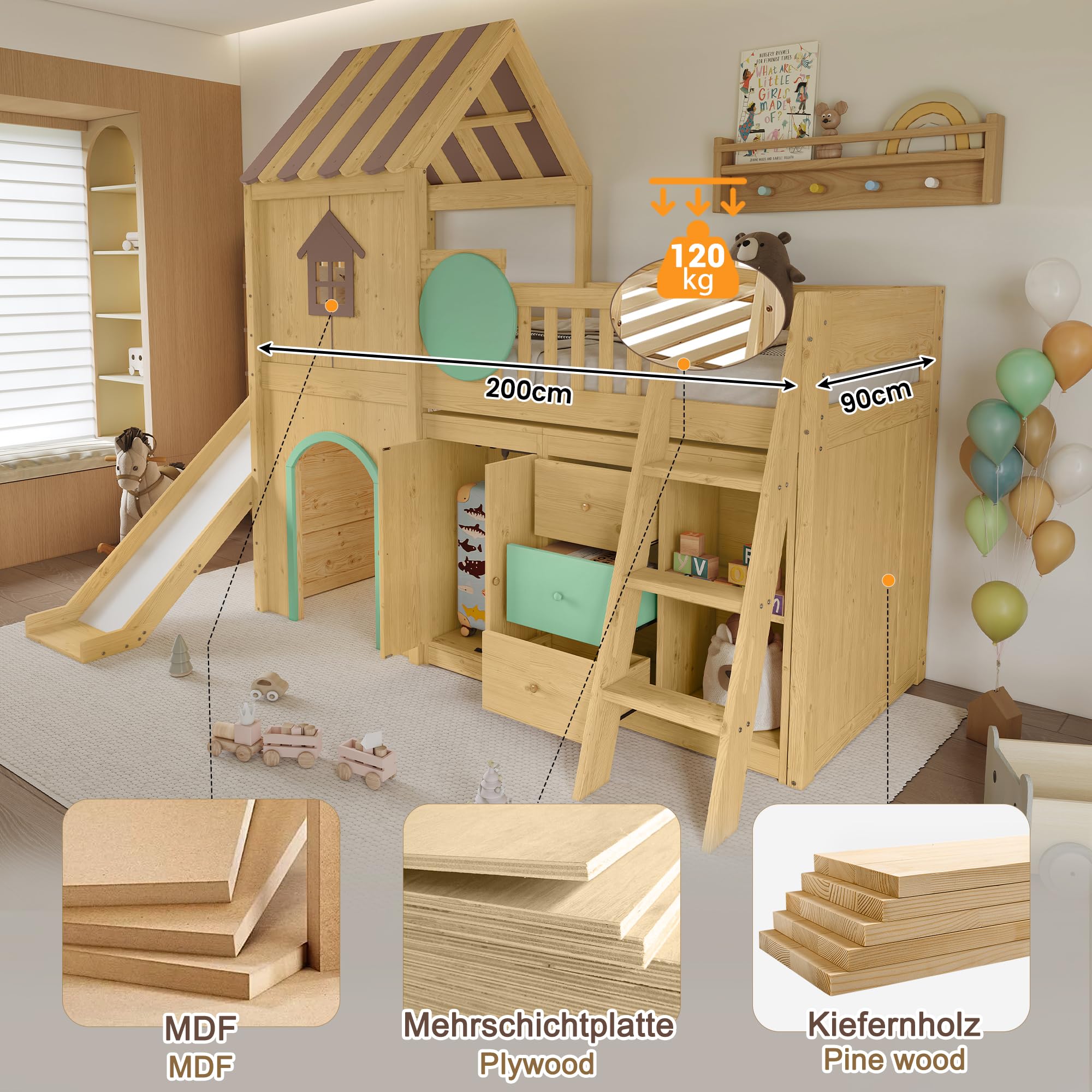 Merax Hochbett 90x200 cm Etagenbett mit Treppe und Rutsche, Hausdesign Bettgestell aus Kiefer und MDF, mit Schrank, Schubladen und Ablagefächern, Natur Grün