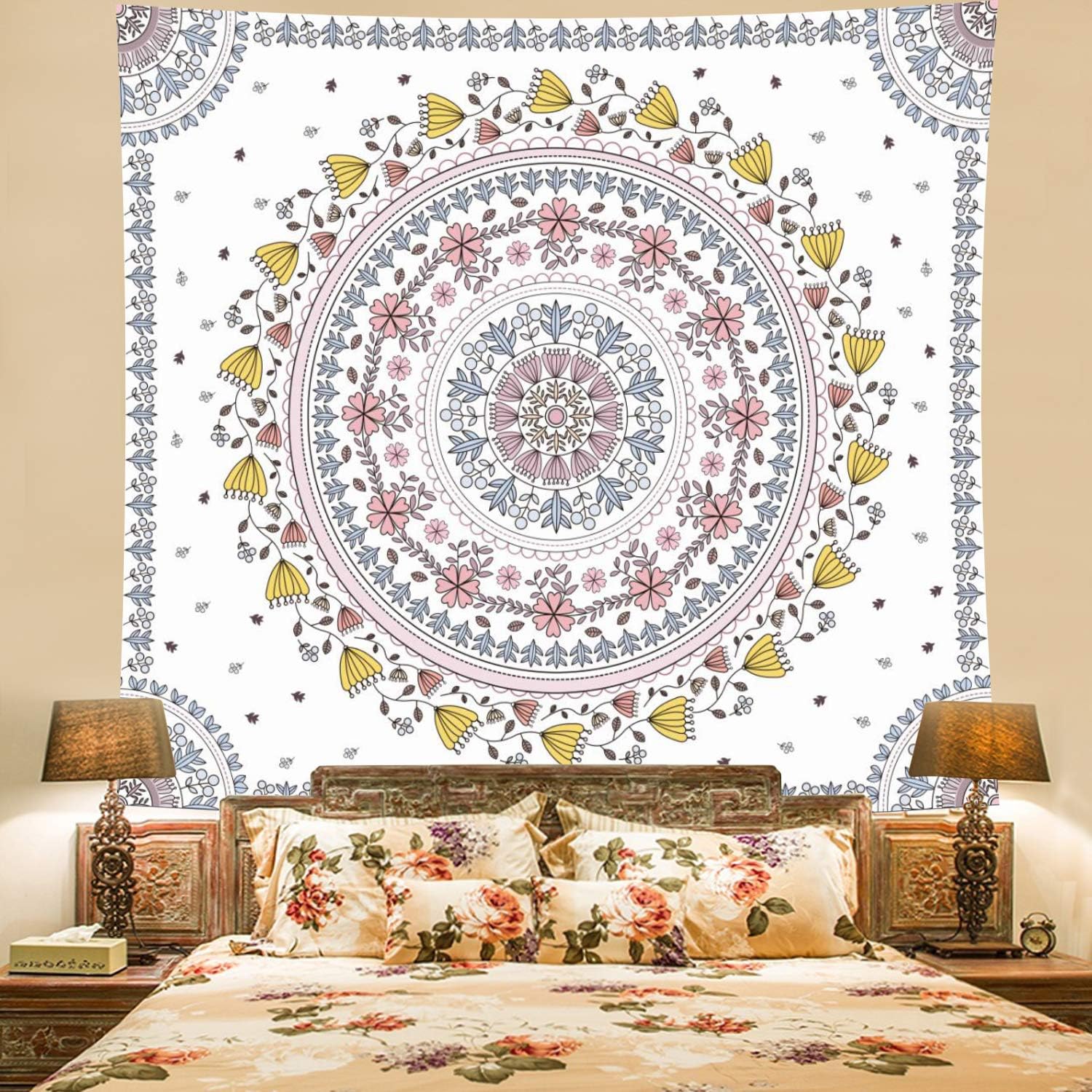 Racunbula Bohemian Mandala Tapestry Psychedelic Hippie Floral Tapestry Sketched Flower Tapestry Medallion Art Print Tapestry Wall Hanging for Room H51.2×W59.1inches