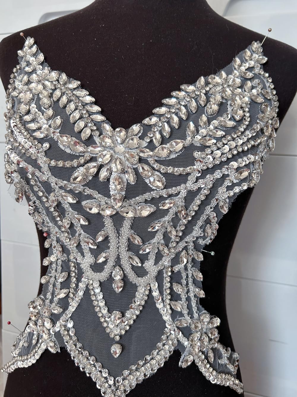 Rhinestones Beaded Bodice Applique Glass Patch Easy to use for Wedding Evening Dance Dress Decoration (White)