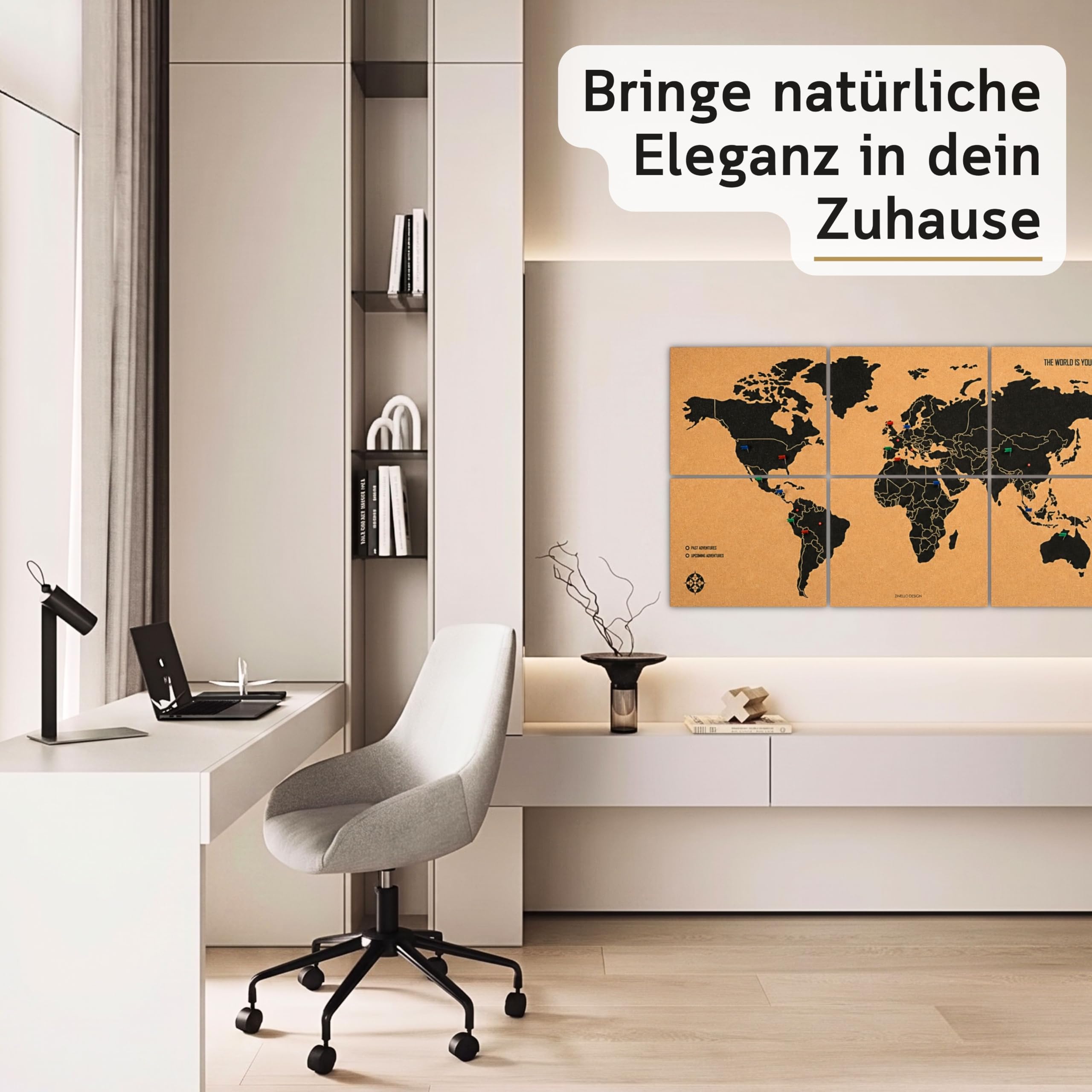 Weltkarte Pinnwand Kork XXL 120x60 cm – 6 Selbstklebende Paneele – Weltkarte zum Pinnen mit Pins – Korkplatte Wanddeko – 60 Pinnadeln Inklusive