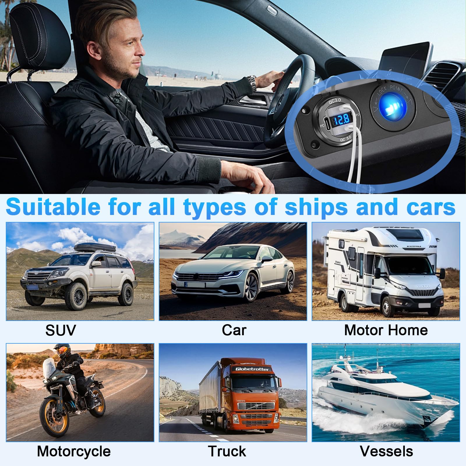 Presa USB per Auto Presa Accendisigari 12v Caricatore USB QC3.0 e pd con Voltmetro LED e Interruttore Llevetta Indipendente per Veicoli Auto Barca Camion Caravan