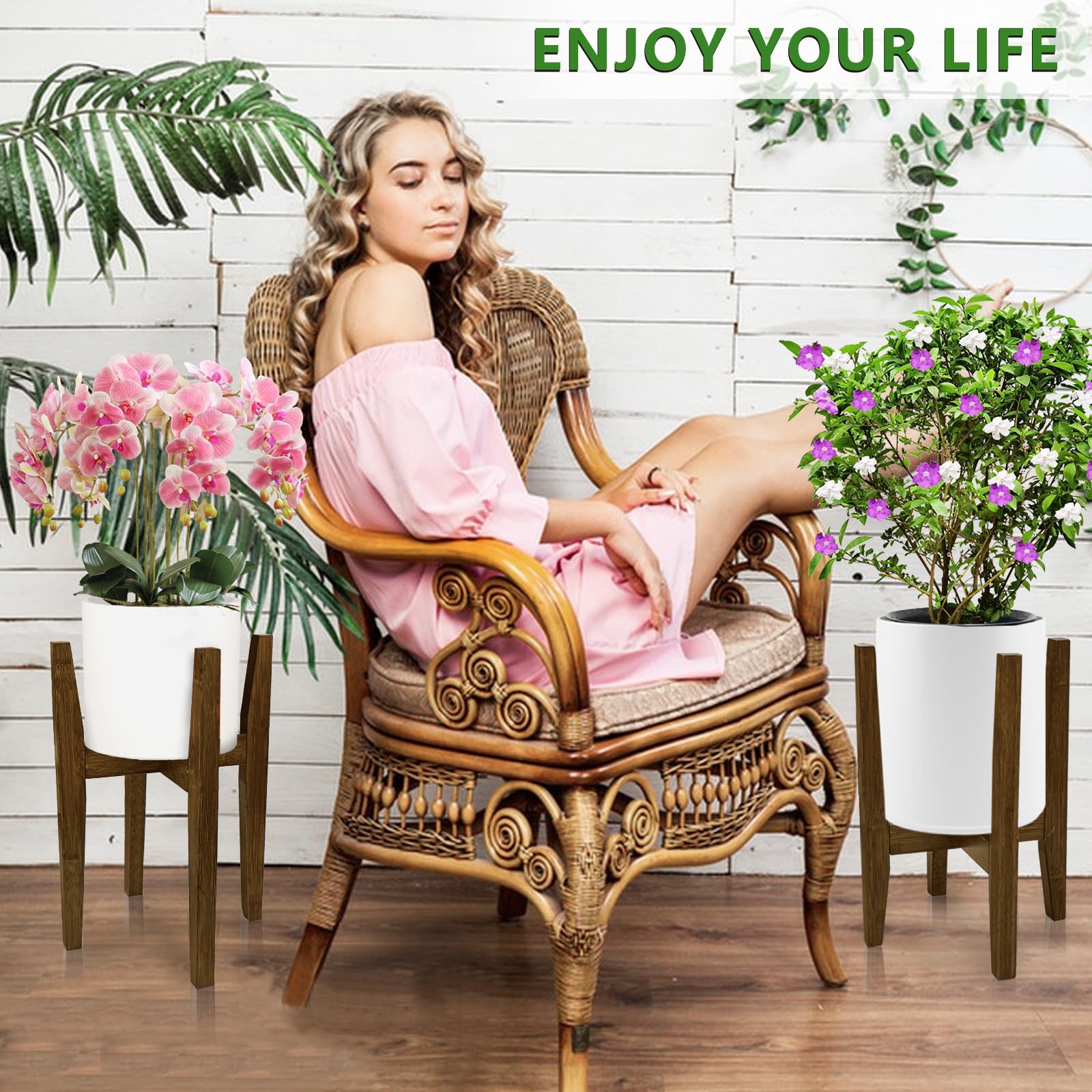 Soporte para plantas de interior, soporte ajustable de bambú para plantas, estante moderno para macetas, estante para plantas, se adapta a macetas de 8 a 12 pulgadas (maceta y planta no incluidas) 5