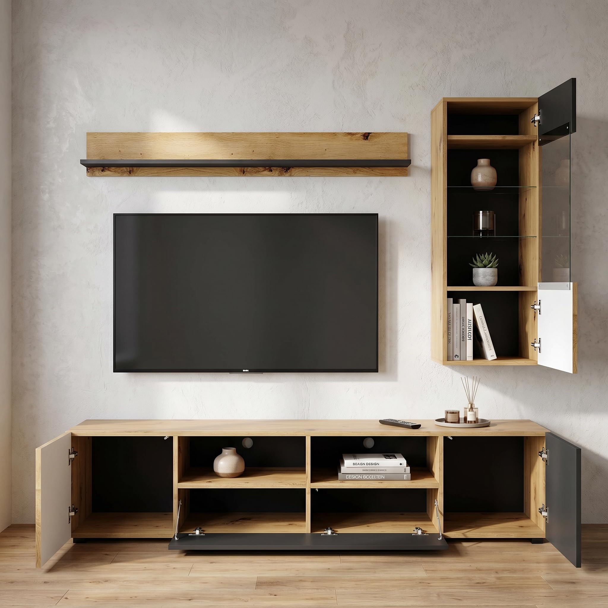 Homlando AURIS B Wohnwand – Modernes Wohnzimmer Sets in Eiche Artisan Schwarz Matt mit TV-Lowboard, Vitrine und Wandregal. Elegantes hochwertige MDF-Lamellenfront.