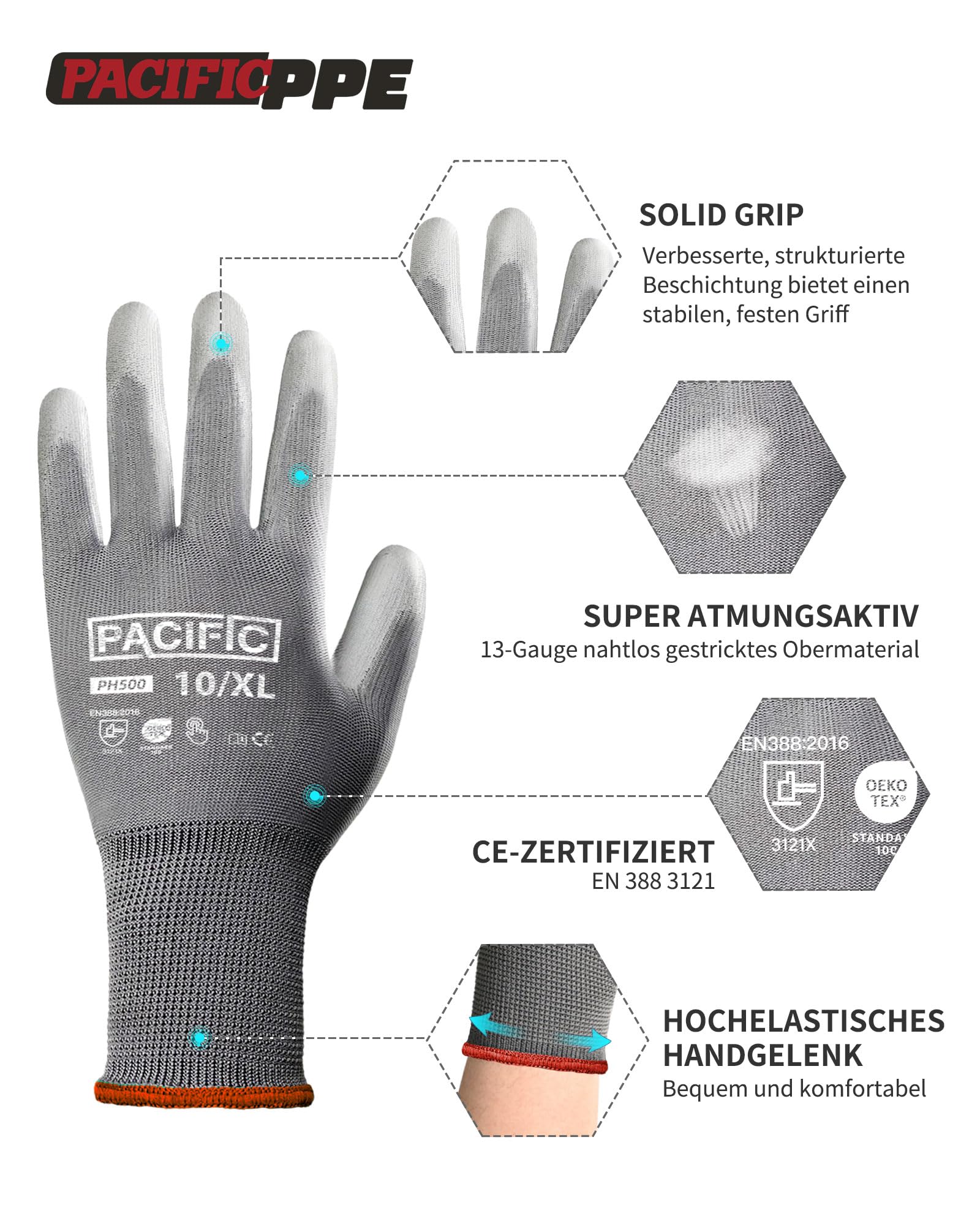 PACIFIC 18 Paare Graue Sicherheits-Arbeitshandschuhe – Rutschfeste PU-Beschichtung, Leicht & Atmungsaktive, Ideal für Allgemeine Arbeiten, Gartenarbeit, Arbeitshandschuhe Herren & Damen gr 9/L