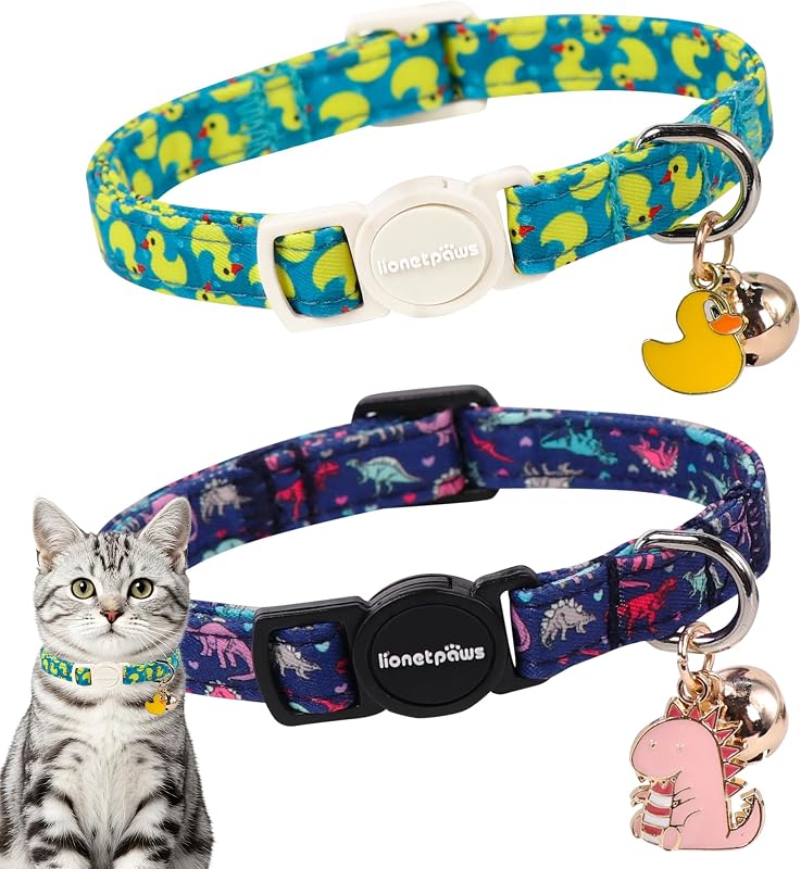 Coleiras para Gatos com Fecho de Segurança e Algodão Macio LIONET PAWS, Pato Amarelo e Dinossauro Roxo, Pacote com 2