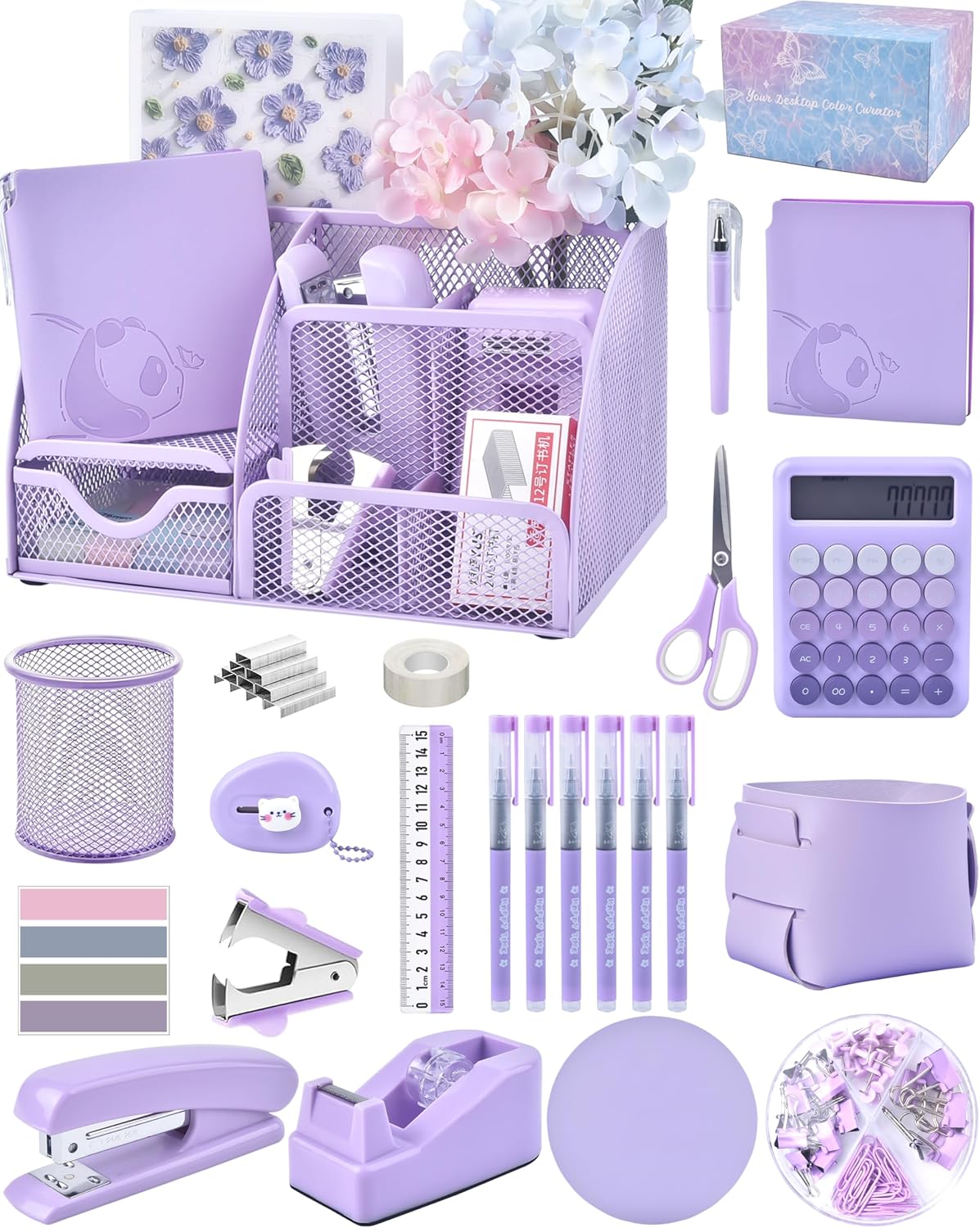 23pc Purple Desk Accessories and Organizers with Mesh Organizer Stapler Tape Dispenser Calculator and a Lot of Office Purple Office Supplies Beautifully Presented in a Gift Box