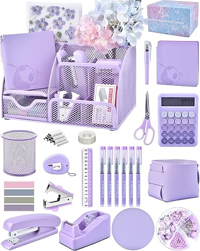 23pc Purple Desk Accessories and Organizers with Mesh Organizer Stapler Tape Dispenser Calculator and a Lot of Office Purple Office Supplies