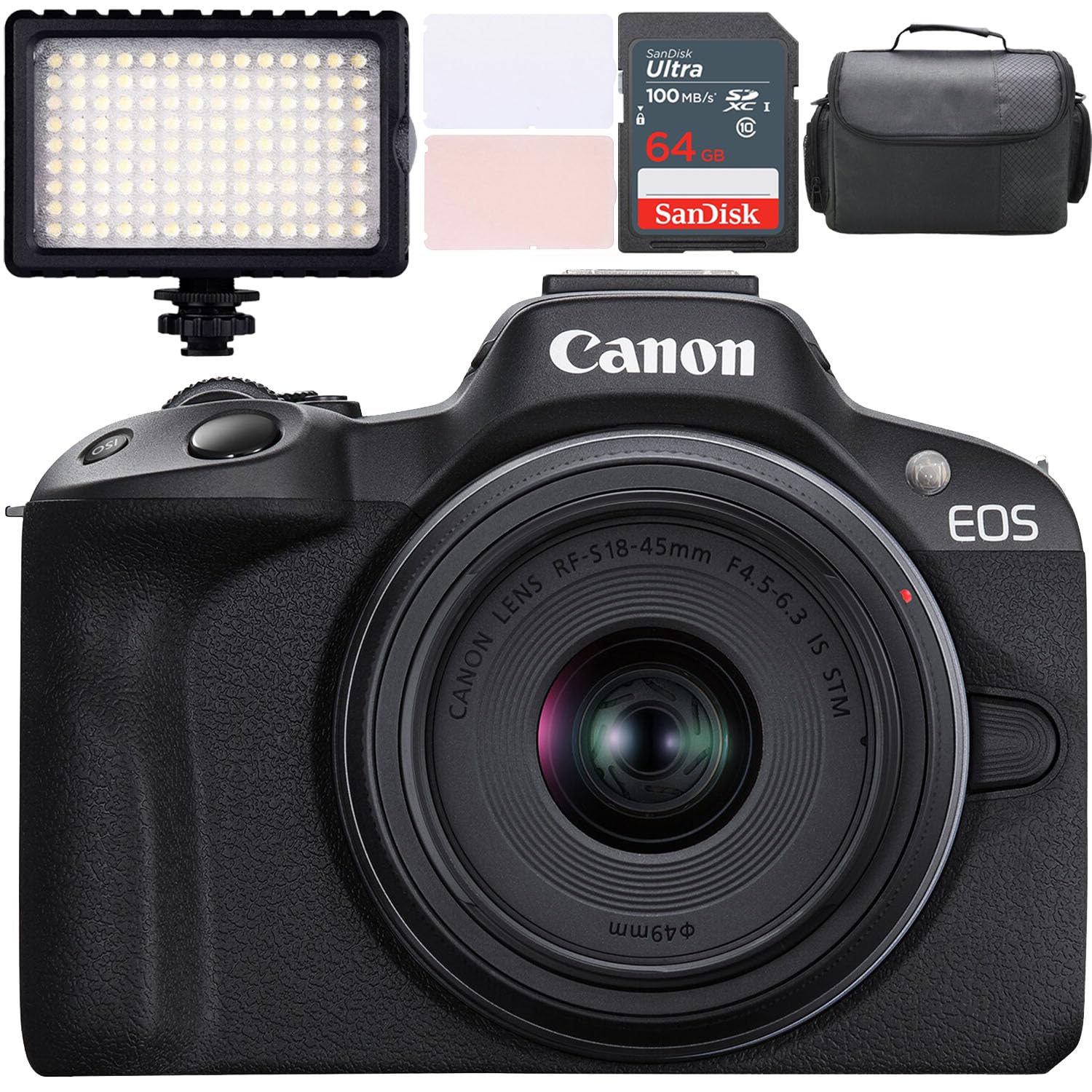 Canon EOS R50 Mirrorless Camera w/Canon RF-S 18-45mm f/4.5-6.3 is STM Lens + LED Video Light + Camera Case + 64GB Memory (12pc Bundle) (Renewed)