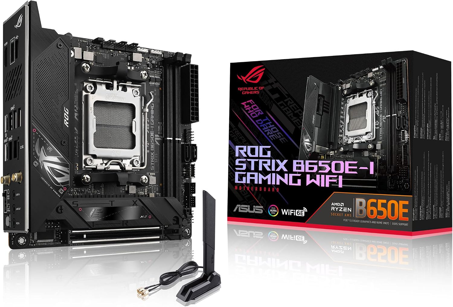 ROG Strix B650E-I Gaming WiFi AMD Ryzen AM5 mini-ITX motherboard, 10 + 2 power stages, DDR5, two M.2 slots, PCIe 5.0, 2.5G LAN, WiFi 6E, USB 3.2 Gen 2x2 Type-C port, and Aura Sync RGB lighting