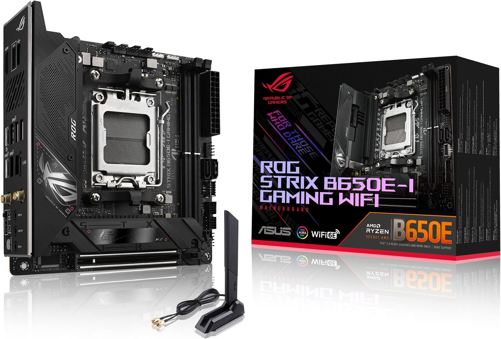 ASUS ROG Strix B650E-I Gaming WiFi AMD Ryzen AM5 mini-ITX motherboard, 10 + 2 power stages, DDR5, two M.2 slots, PCIe 5.0, 2.5G LAN, WiFi 6E, USB 3.2 Gen 2x2 Type-C port, and Aura Sync RGB lighting