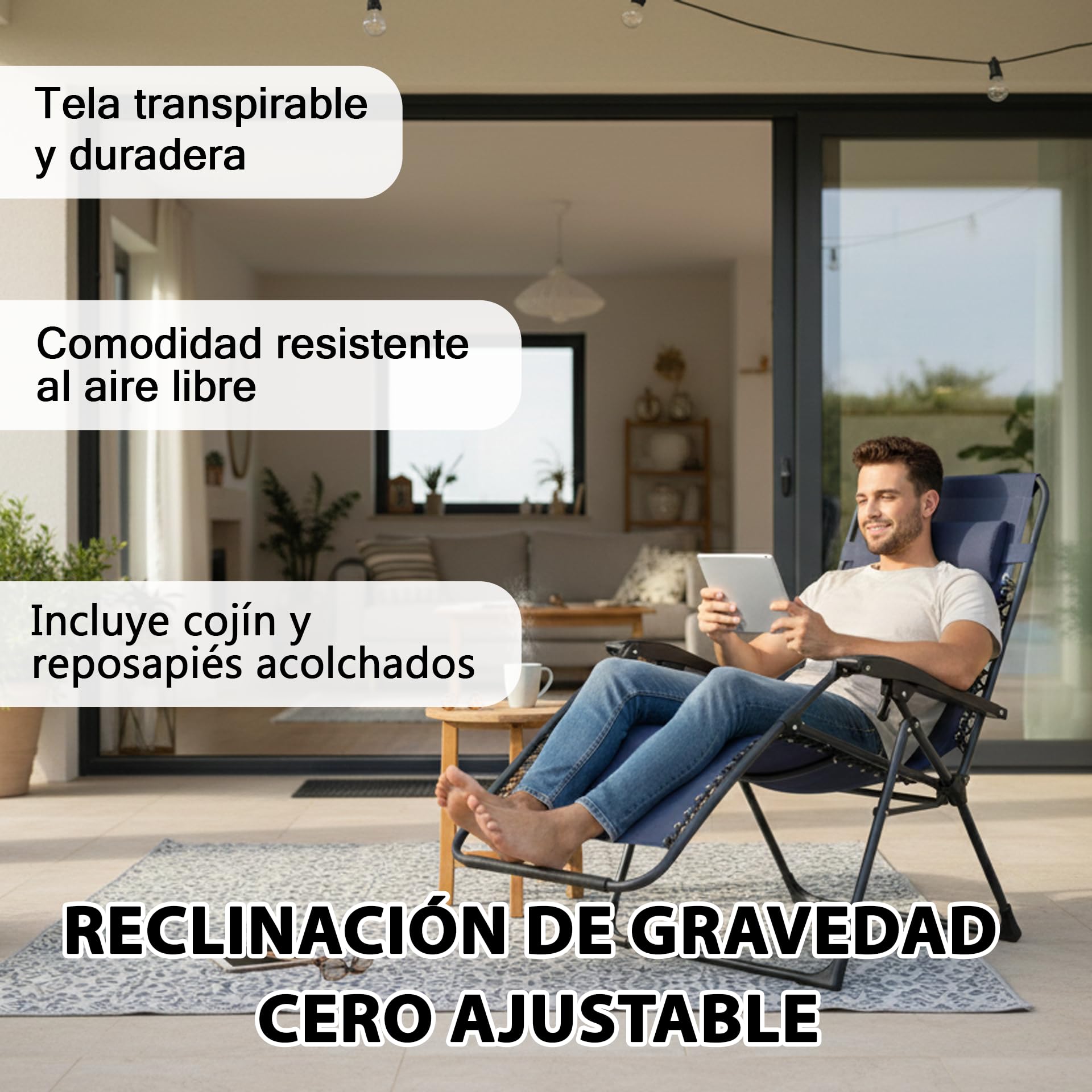 Tumbona Plegable para Exterior | con Cojín y Reposapiés Acolchados | Silla Reclinable Ergonómica y Resistente | Estructura de Acero | Ideal para Jardín, Terraza, Playa (Azul Oscuro)