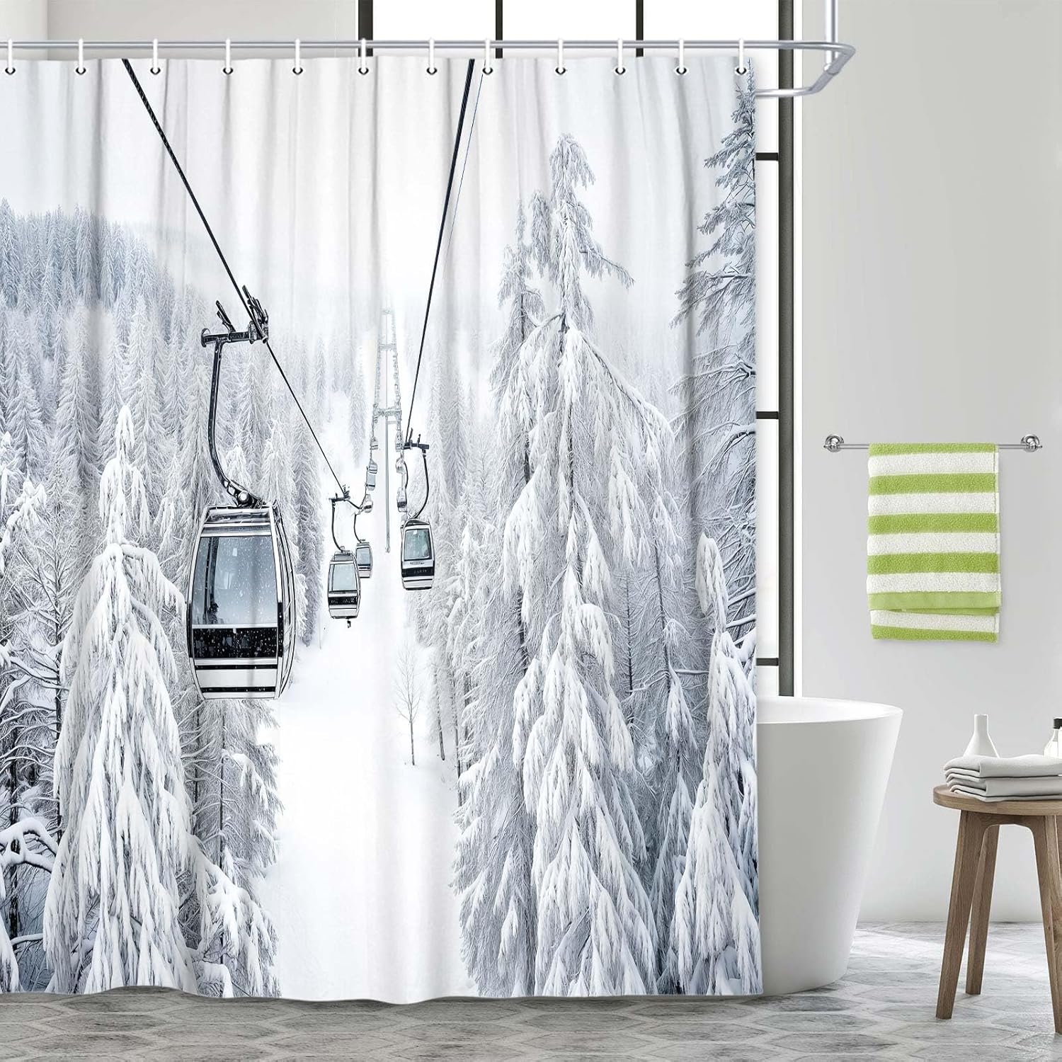 Winter Skiing Shower Curtain, Cable Ski Lift in Snow Mountain Bathtub Curtain,Polyester Fabric Upgrade Christmas Holidays Curtains for Bathroom Decor with 12 Hooks,70X75 in