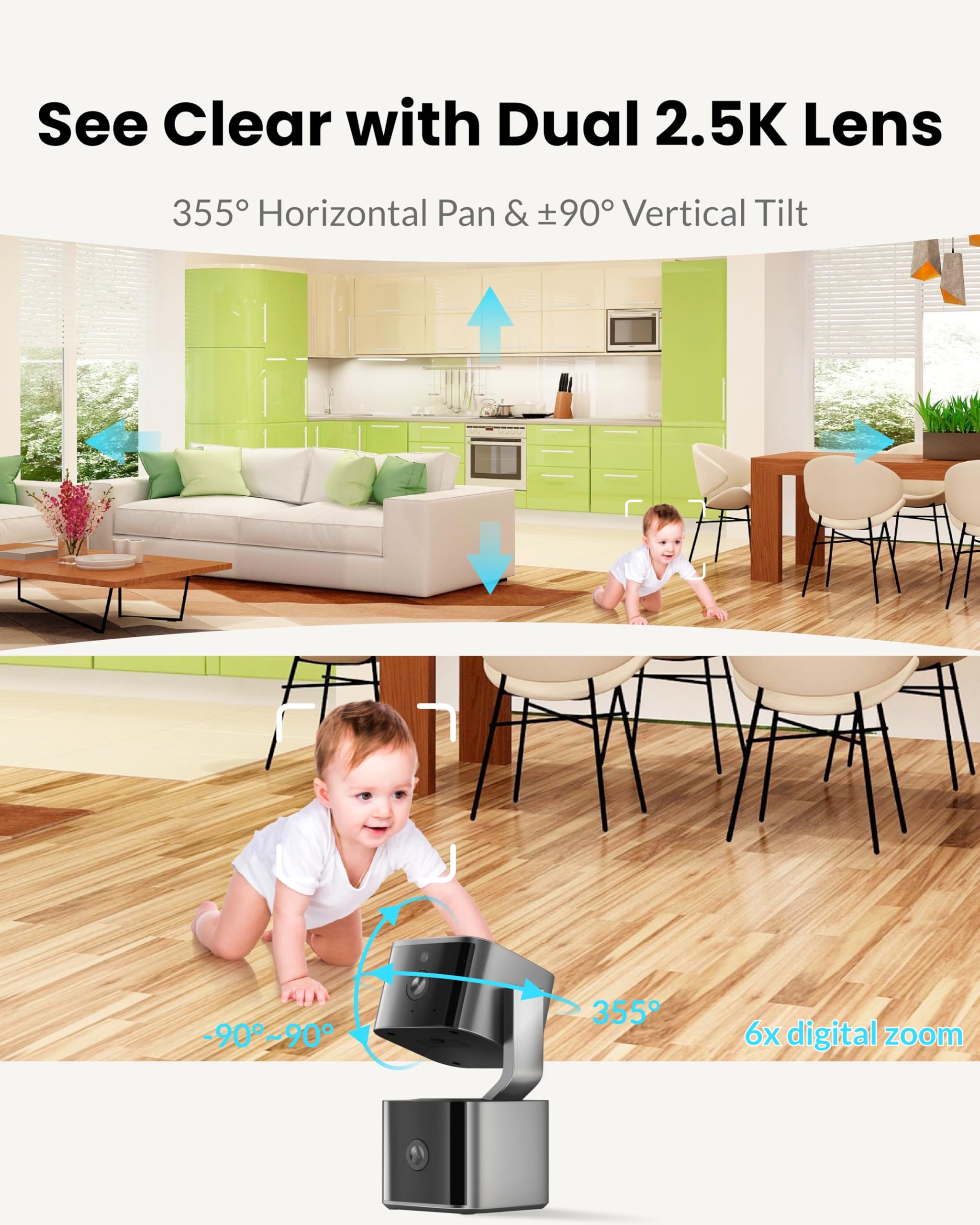 Cámara de seguridad de doble lente para interiores 5G/2.4G WiFi, cámara para mascotas de 4 MP con inclinación panorámica para el hogar, monitor de bebé, seguimiento de IA, visión nocturna a color