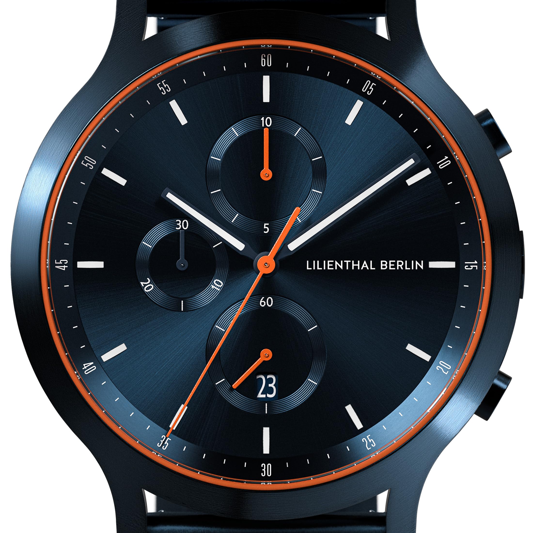 Lilienthal Berlin Chronograph Blue Orange IV in dunkelblau – Herrenuhr aus Chirurgenstahl mit einem Quarzuhrwerk & saphirgehärtetem Mineralglas – 42,5 mm