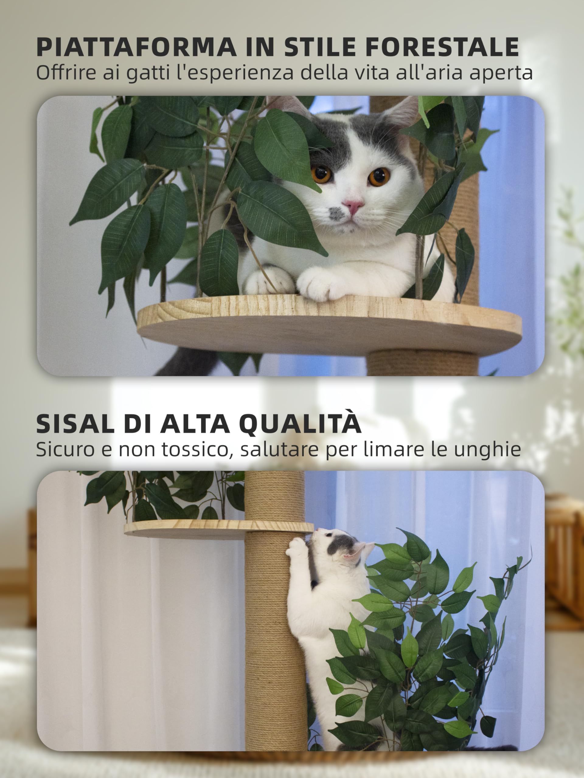 Fantasreen Albero Tiragraffi Regolabile, 246-316cm con Palo da 11cm | Montaggio a pressione dal pavimento al soffitto. Base stabile. Palo spesso 11 cm. Adatto a gatti adulti. Design moderno.