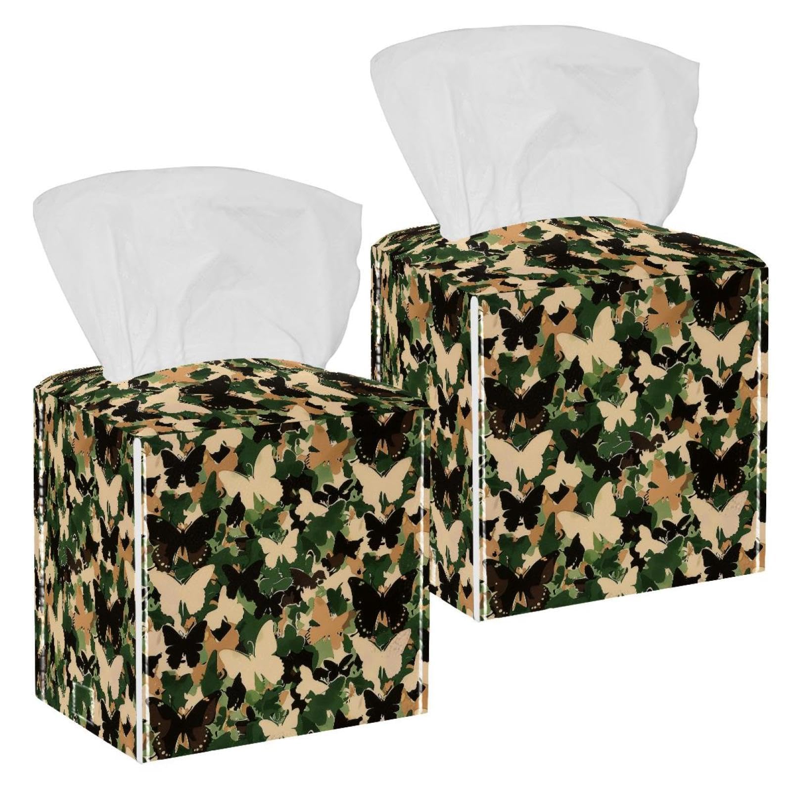 Butterfly Camouflage Tissue Box Cover, 2 Pack PU Leather Square Facial Tissue Dispenser Box holder for Home Office Car