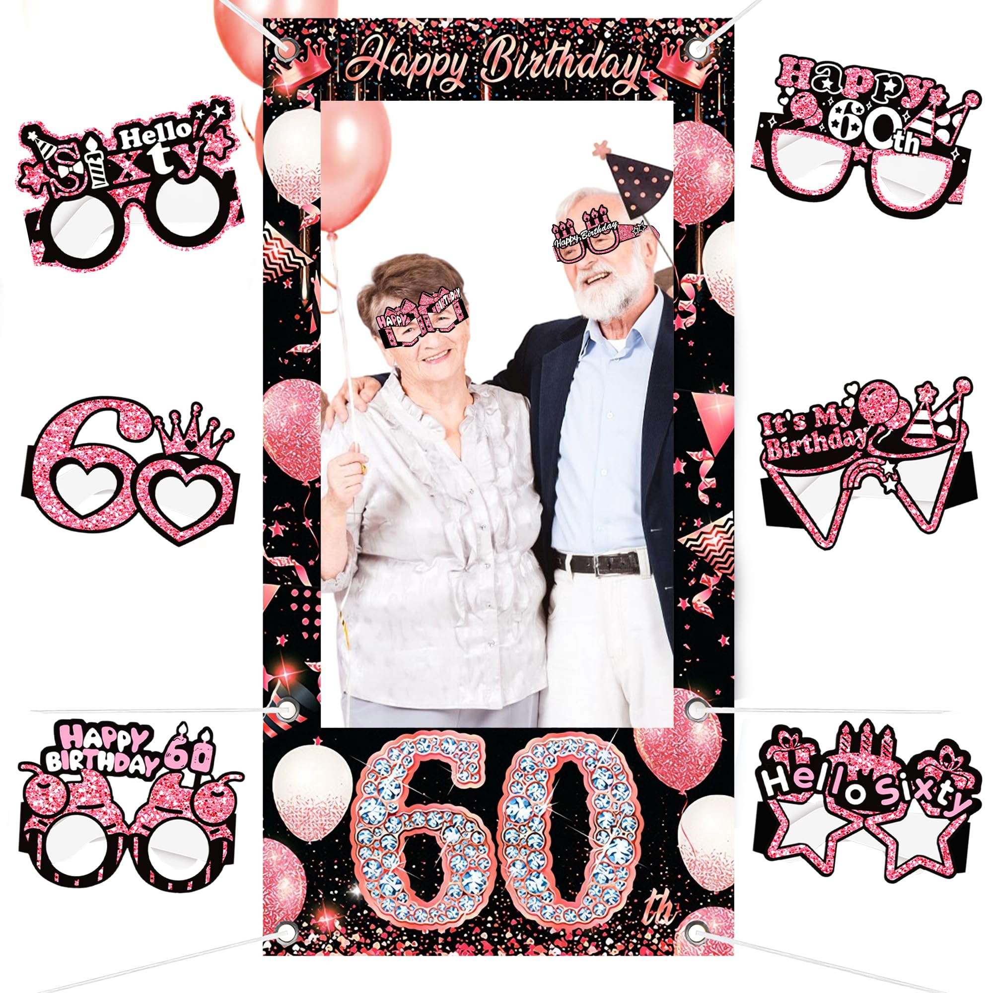 60th Photo Booth Props for Birthday, 9Pcs Pink Gold Photobooth Paper Eyeglasses, 60th Birthday Decorations Birthday Photo Booth Props Decoration for Women Men Birthdays Party Favors Gifts Celebration โ image 1