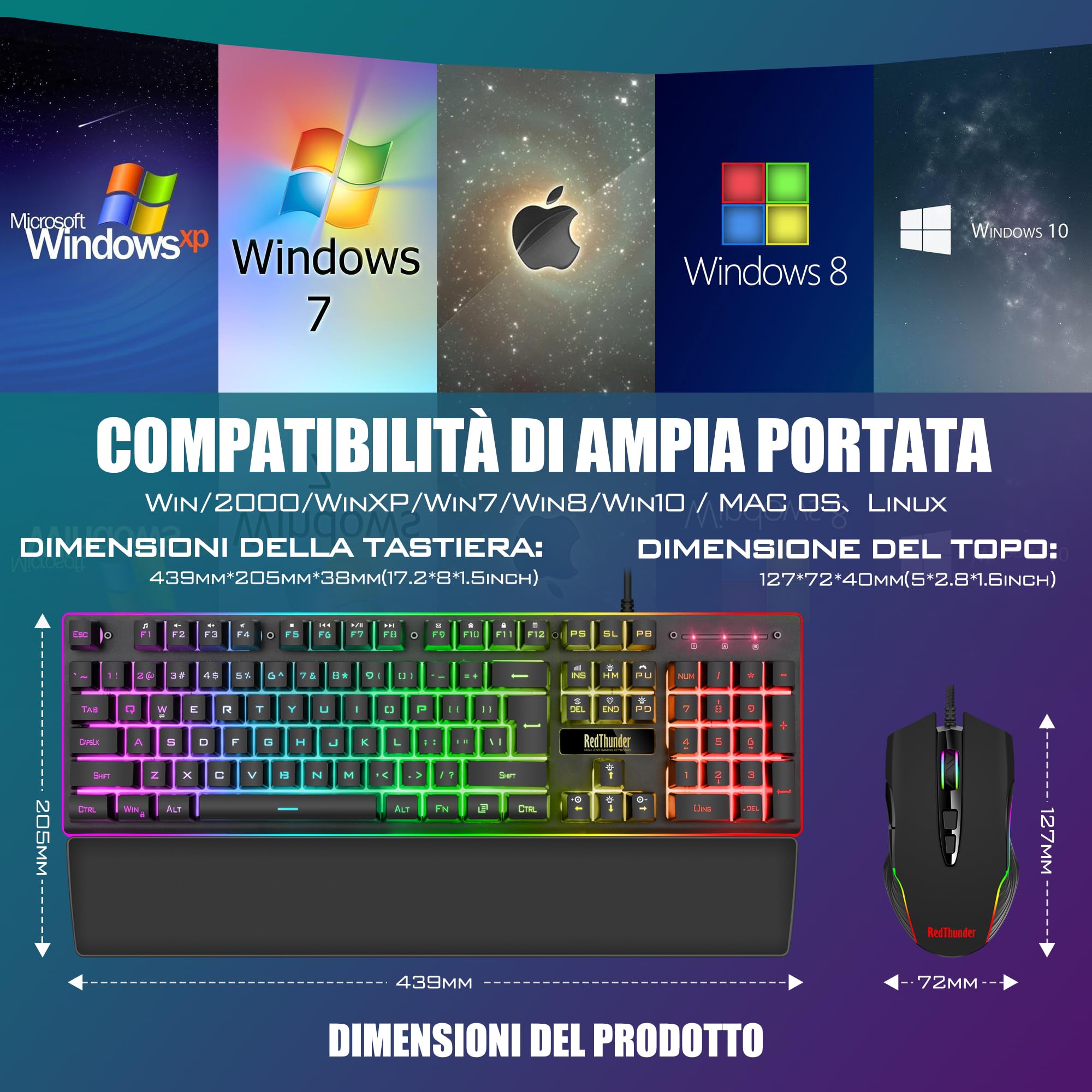 RedThunder K10 Set di Poggiapolsi in Pelle 3-in-1, Retroilluminazione Dinamica RGB + Sensazione Meccanica, Tasti Anti Ghosting + Mouse 7D 7200DPI, Layout IT, Giocatori PC - Nero