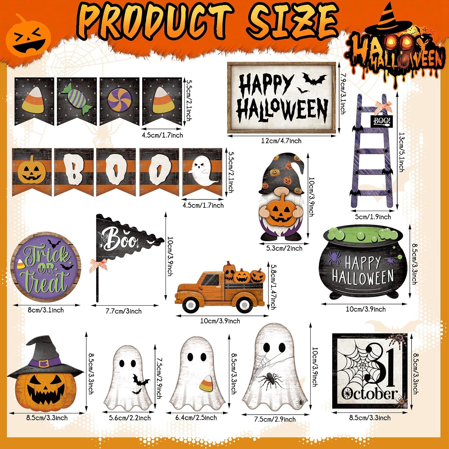 MiniInflat 1 Sets Halloween Tiered Tray Decor Set Happy Halloween Wooden Signs Rustic Table Centerpieces Farmhouse Decor for Home Table, Tray Not Included(Pumpkin,Colorful)